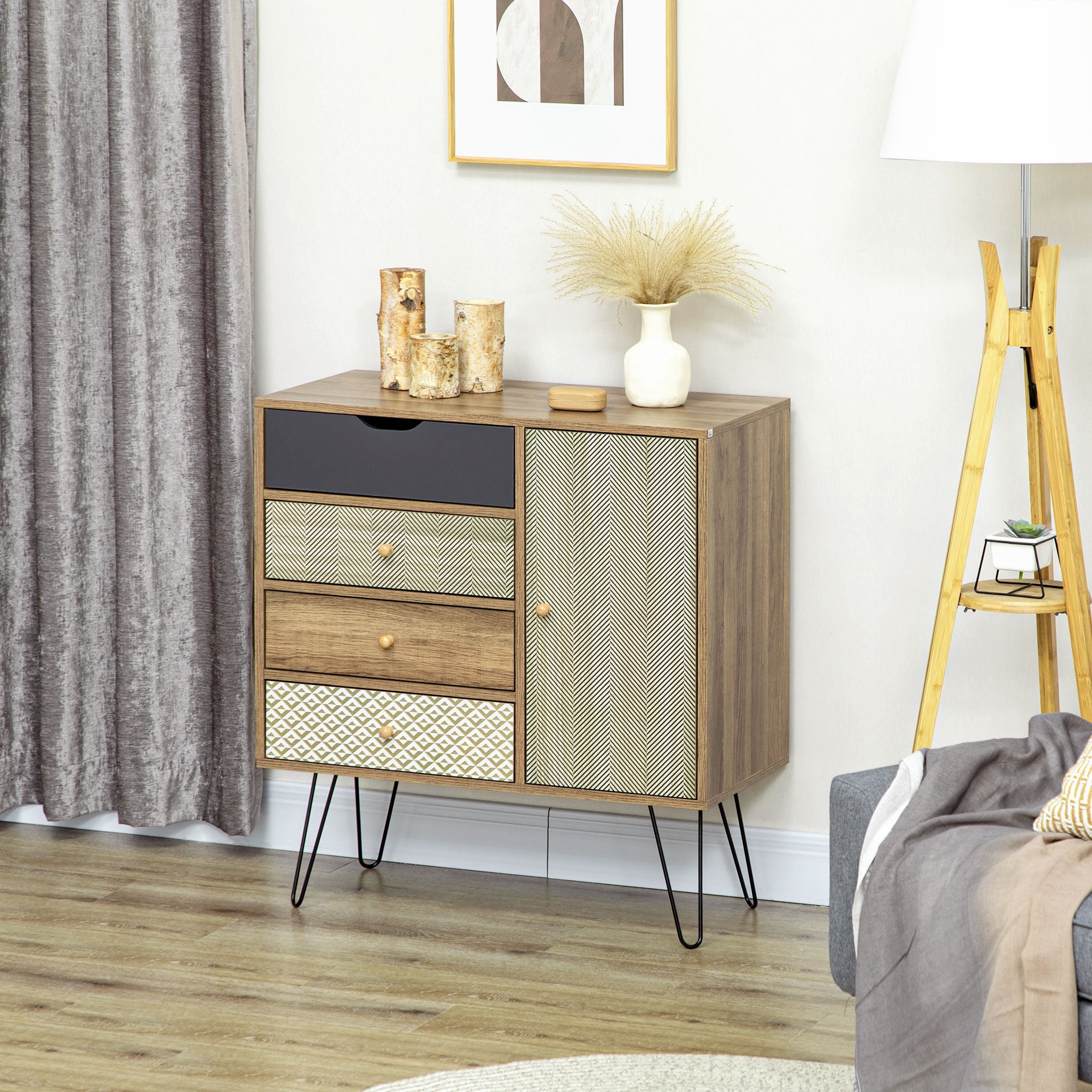 HOMCOM Meuble de rangement commode buffet 4 tiroirs 1 placard - pieds épingles à cheveux - style bohème - 79 x 39 x 86 cm marron