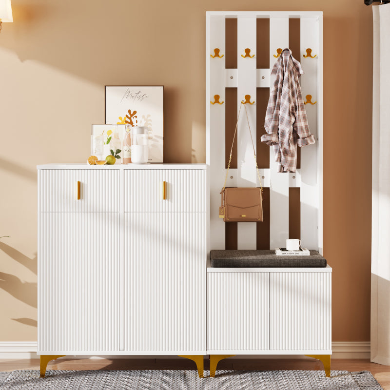 Ensemble de vestiaire tout-en-un avec armoire à chaussures, banc et siège rembourré - Organisateur d'entrée moderne avec tringles, tiroirs et portes - Cadre en métal robuste, mobilier de buanderie peu encombrant pour couloir, chambre ou salle de bain - P