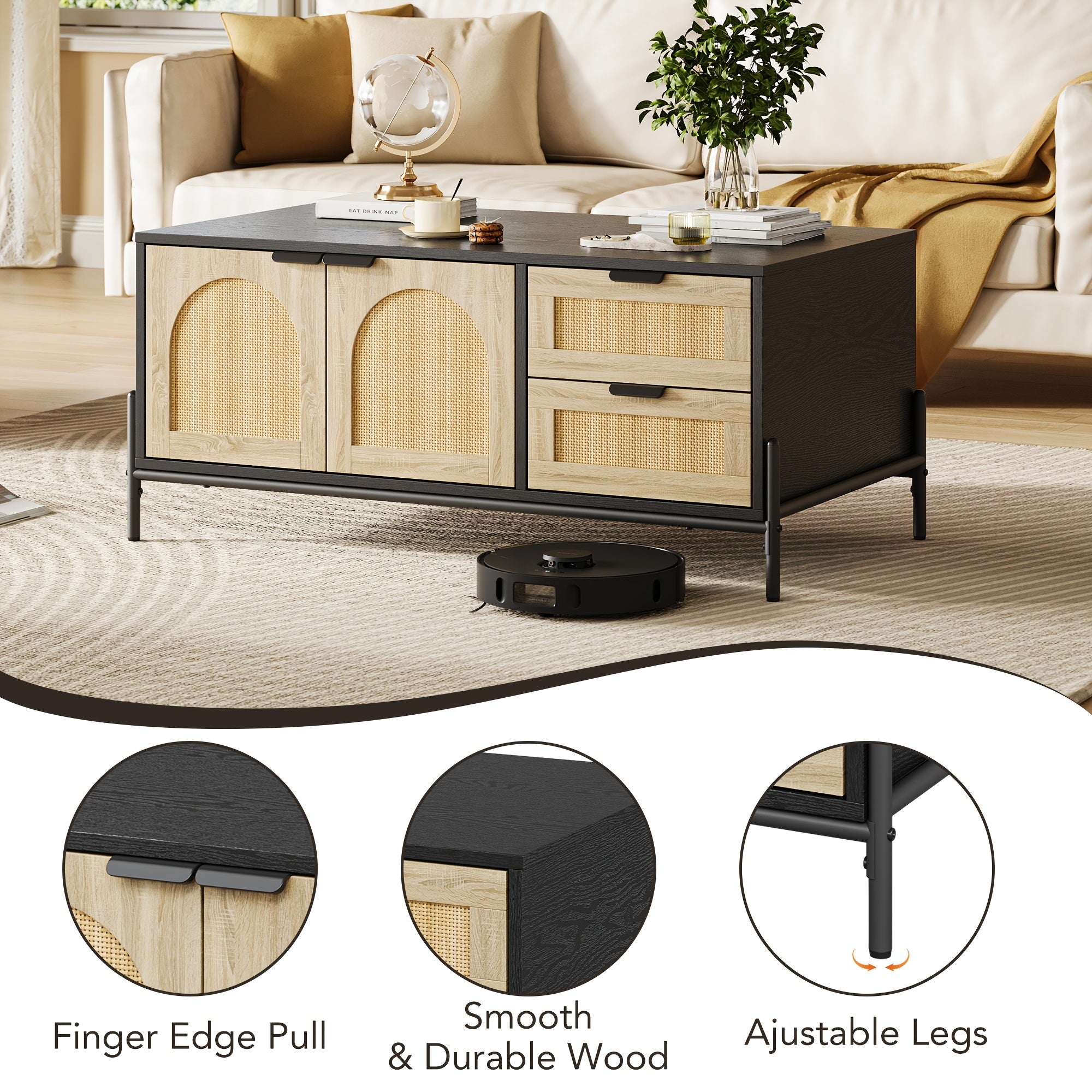 Table Basse en Rotin avec 2 Tiroirs de Rangement & Portes Arquées - Style Ferme Moderne du Milieu de Siècle, Cadre Robuste en MDF et Métal, Finition Noir & Naturel Rotin, 104x55x45cm, Meuble de Salon Facile à Assembler, Table Basse pour le Salon, Pièce M