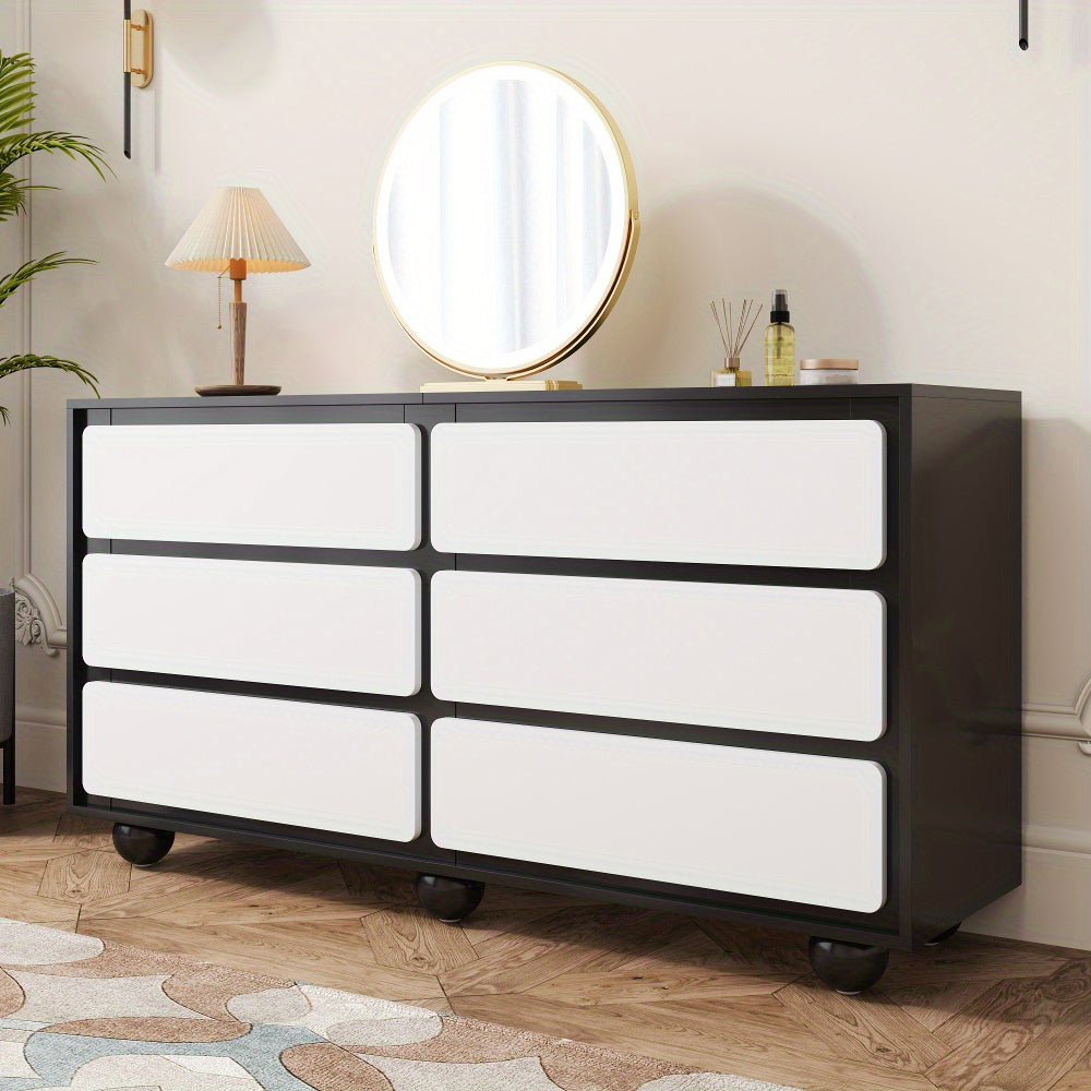 Un élégant buffet présentant un coffre à six tiroirs et une table de toilette moderne, conçu pour la praticité. Dimensions : 140x38x74,5 cm.