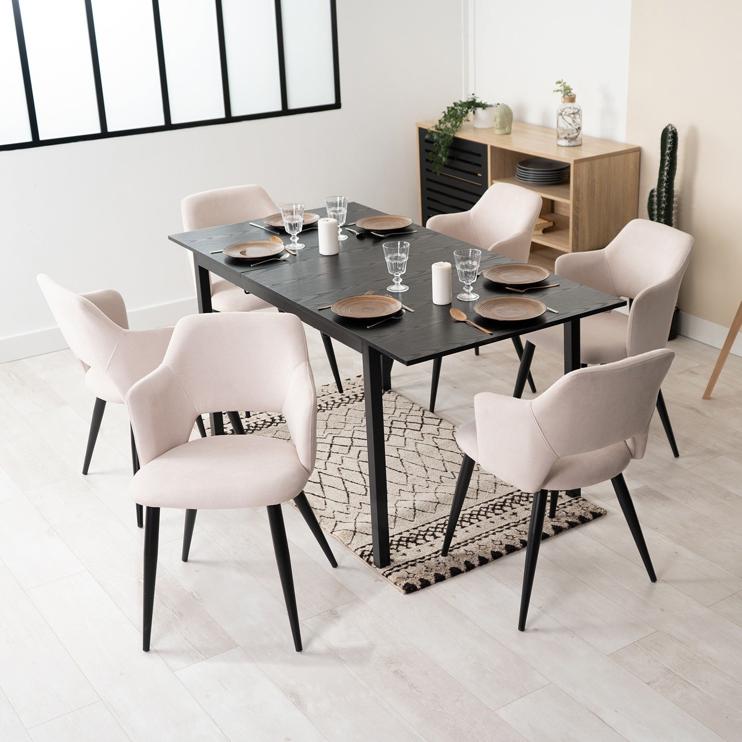 Ensembles de tables à manger extensibles COSY FURNITURE avec 6 chaises, ensembles de meubles de 7 pièces, structure en acier, bois composite, noir + beige/noir + gris/noir + vert