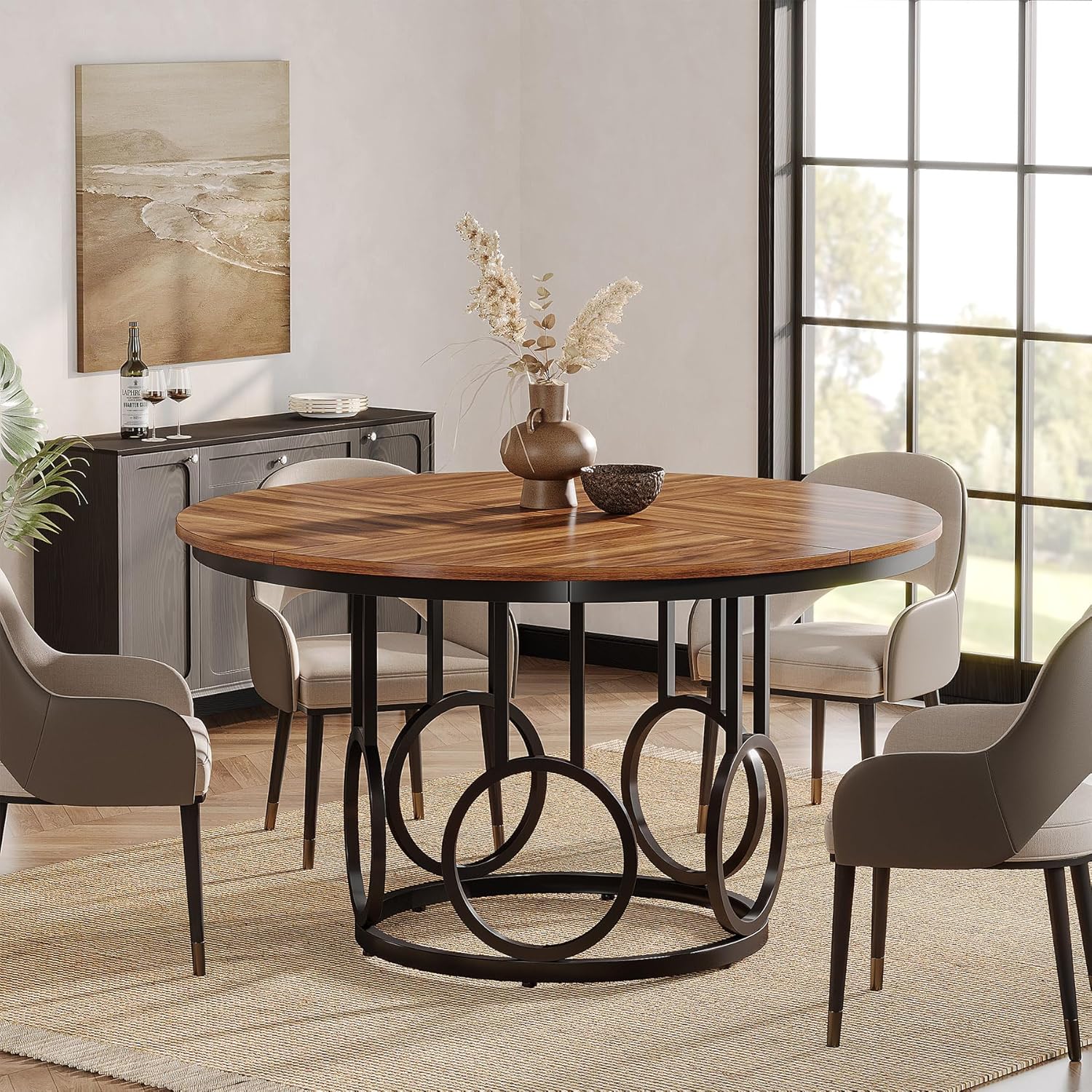 Table à Manger Ronde de 119,38 cm - Grand Bois Massif & Base en Métal Robuste, Table Vintage Ferme Marron/Noir pour 4-6 Personnes, Économiseur d'Espace et Polyvalent comme Bureau ou Cuisine (Assemblage Requis) - Conçue sans PDP, 4/6 Places
