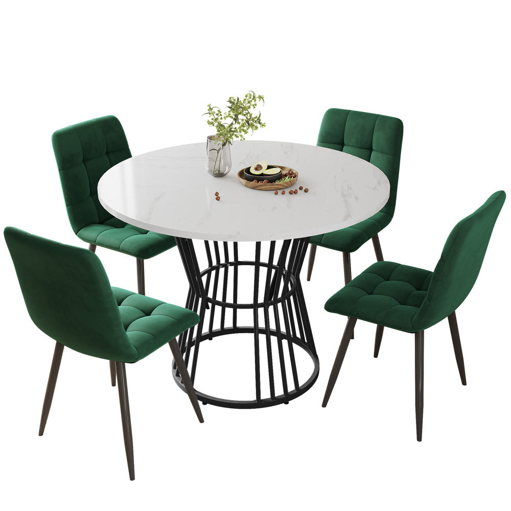 5pcs Ensemble de table à manger moderne avec 4 chaises en velours vert - Table ronde de 100 cm en marbre blanc et pieds en métal noir, meubles de cuisine/salle à manger peu encombrants, design minimaliste contemporain, surface facile à nettoyer, siège co