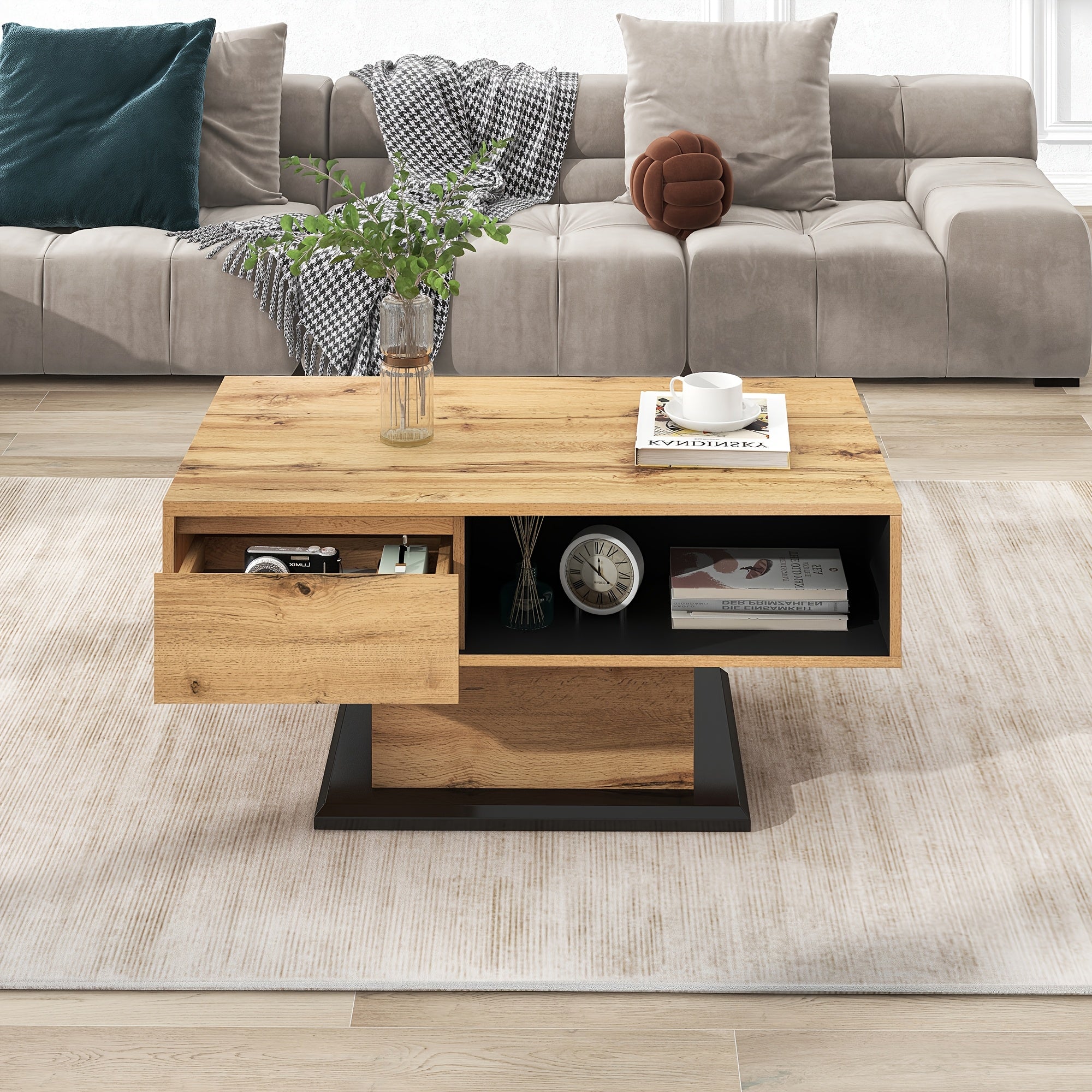 Table Basse Moderne avec Grand Rangement - Tiroir Sans Poignée, Compartiment Avant Ouvert & Organisateur Double Face Arrière - Construction Métallique Robuste, Montage Facile pour Salon/Bureau - Table de Canapé Économiseuse d'Espace pour Petits Apparteme