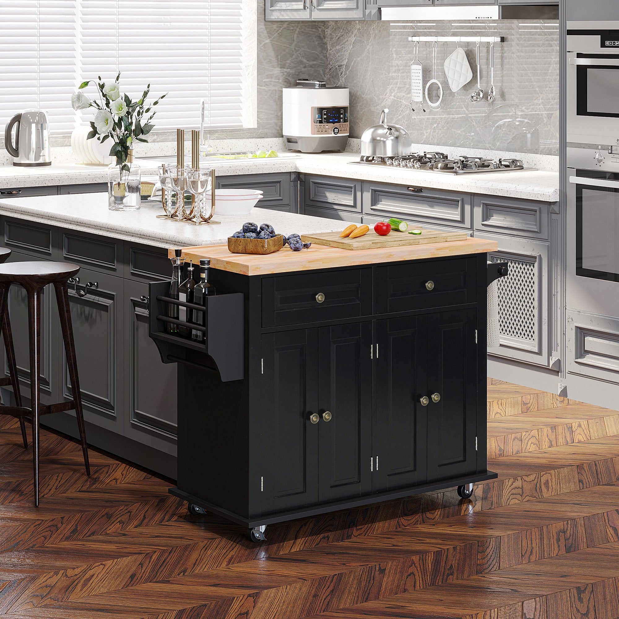 HOMCOM Desserte ilôt de cuisine multi rangements 2 tiroirs 2 placard 2 portes avec étagère range-bouteille porte-torchons MDF noir hévéa