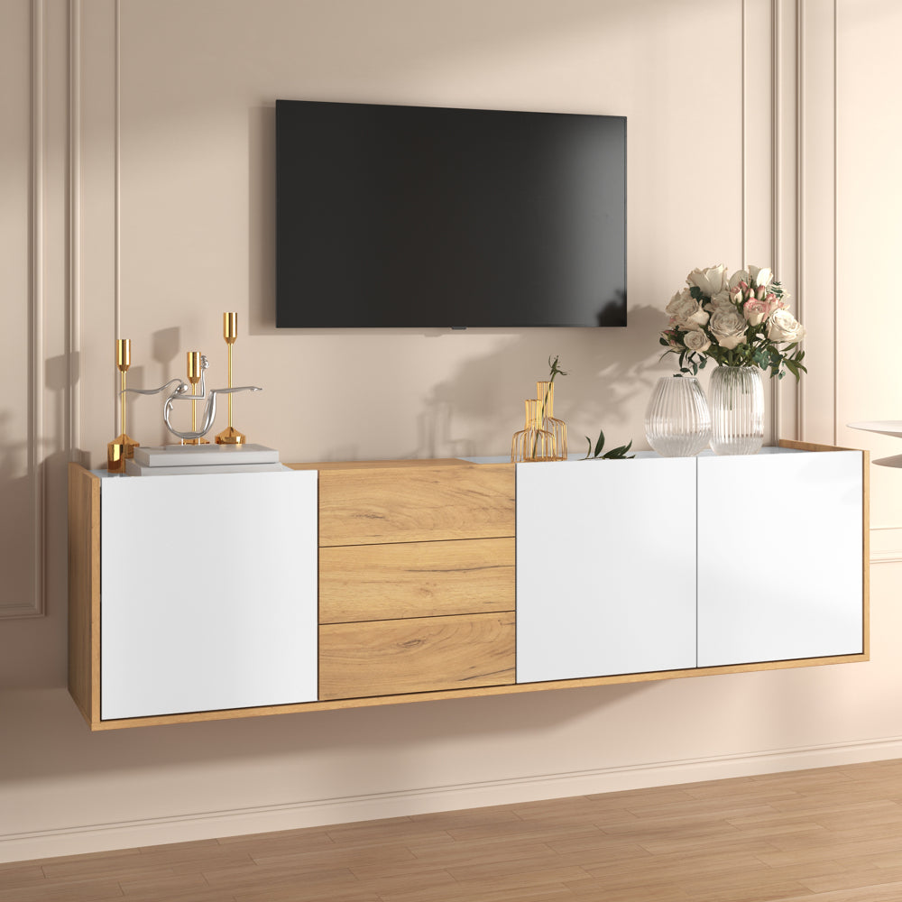 Armoire TV Blanche et Effet Bois 171,5 cm – Murale ou Indépendante, Portes et Tiroirs, Moderne et Économiseur d'Espace