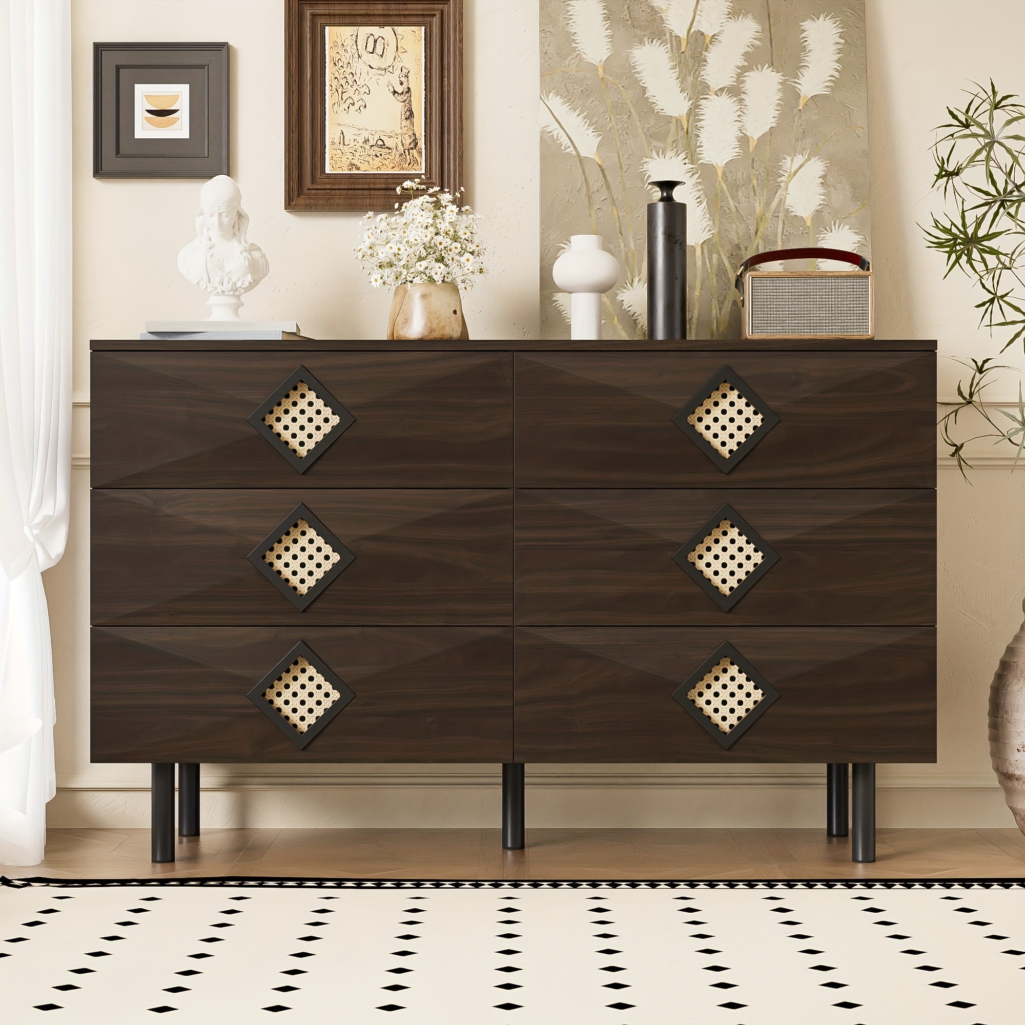 Commode Moderne à 6 Tiroirs avec Poignées en Rotin - Meuble de Rangement Élégant en Bambou, 120L x 40B x 74H, Construction Robuste, Aucun Assemblage Requis