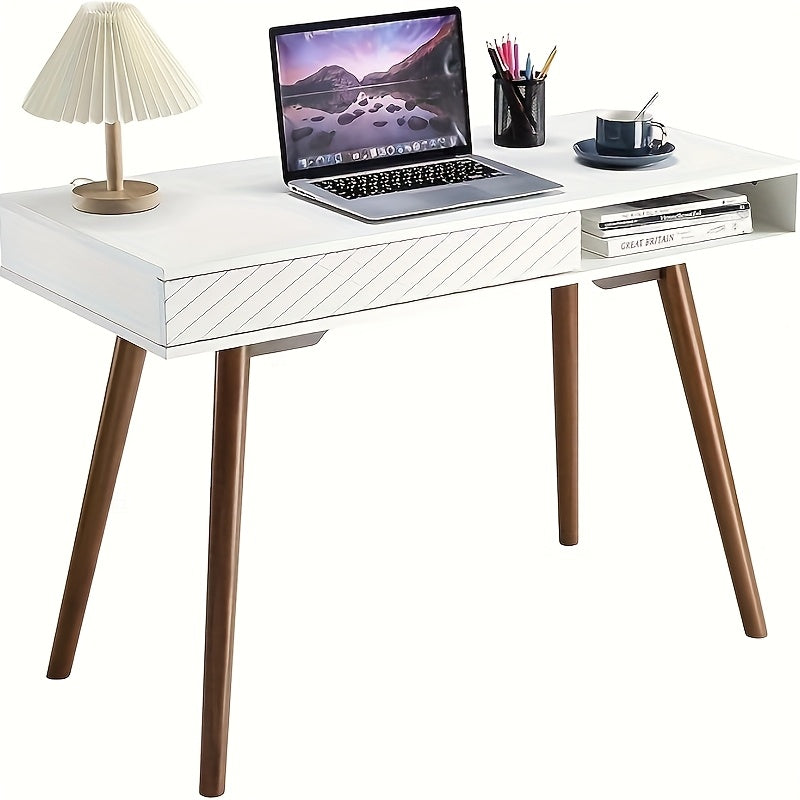 Bureau d'écriture, 106,68 cm Table d'ordinateur avec tiroirs, Bureau simple de style moderne du milieu du siècle pour la maison, blanc