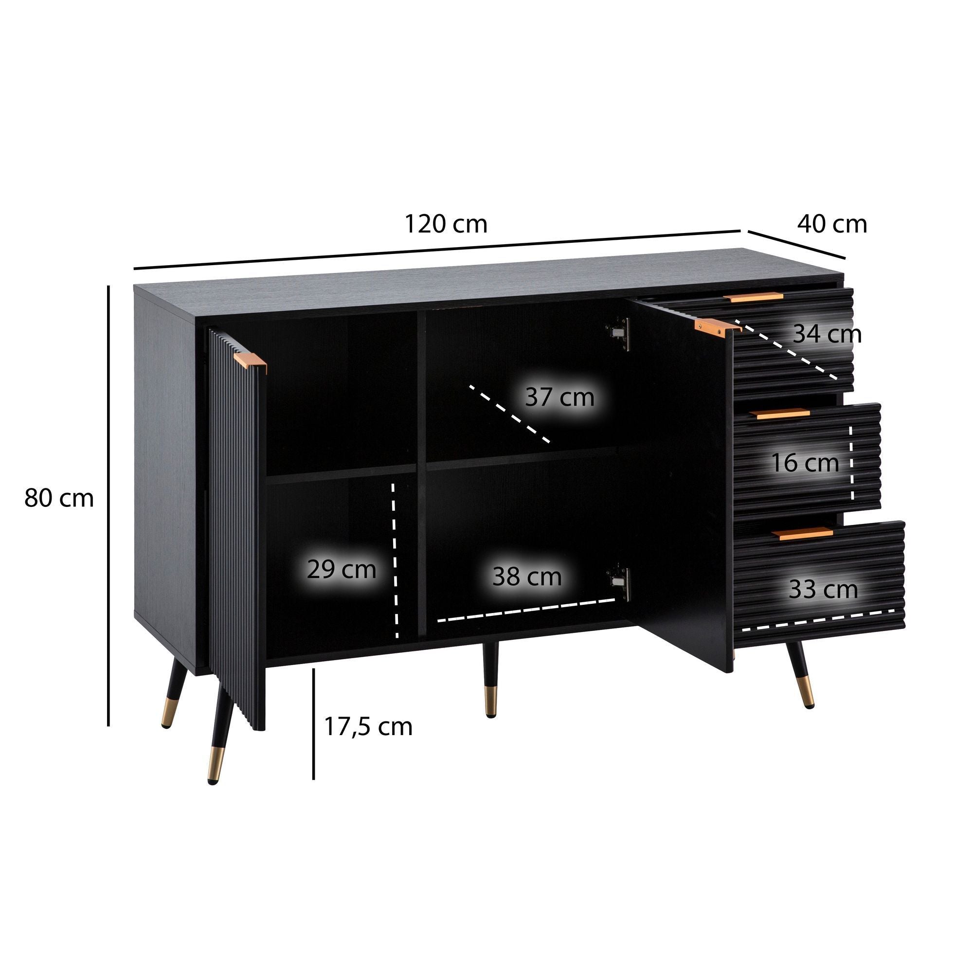 Buffet 120x80x40 cm Noir avec Décor en Chêne, Commode à Portes et Tiroirs, Armoire Moderne pour Entrée, Meuble de Salon sur Pieds Métalliques