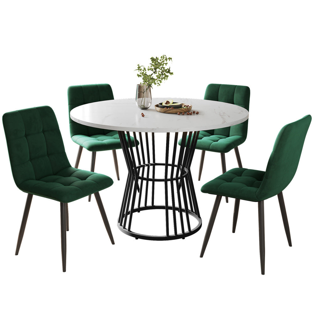 5pcs Ensemble de table à manger moderne avec 4 chaises en velours vert - Table ronde de 100 cm en marbre blanc et pieds en métal noir, meubles de cuisine/salle à manger peu encombrants, design minimaliste contemporain, surface facile à nettoyer, siège co