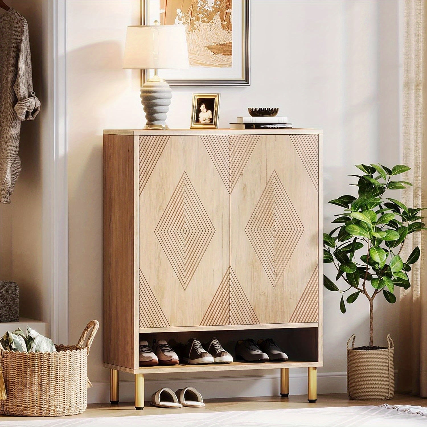 6-Tier Armoire à Chaussures Stockage et Organisation, 24 Paires de Chaussures en Bois avec Portes, Armoire à Chaussures avec Étagères Réglables, Organisateur de Stockage de Chaussures Moderne pour L'entrée, le Placard, le Salon