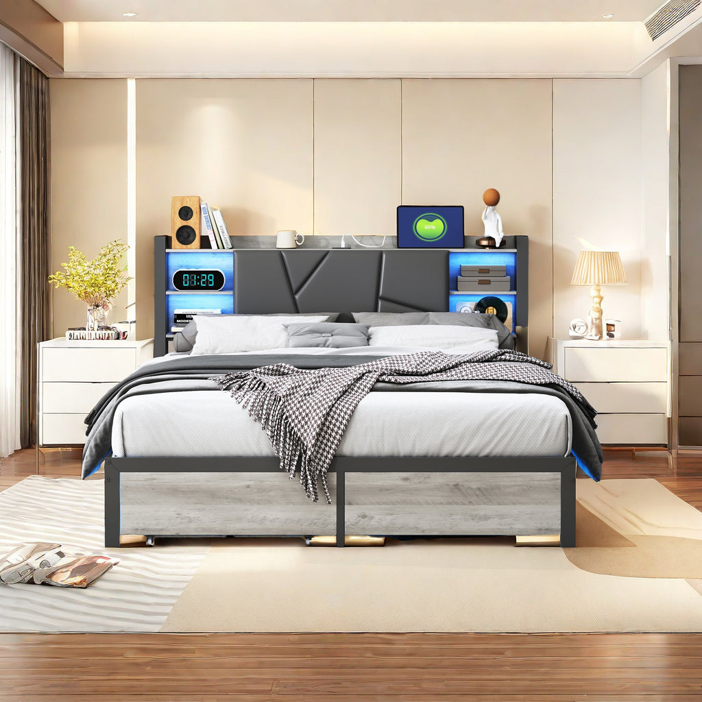 YCZ Lit double en métal 160x200 cm avec LED intégrée et port USB, tête de lit capitonnée avec rangement et 2 tiroirs intégrés, sommier à lattes, convient aux adultes (noir, 160 x 200 cm)