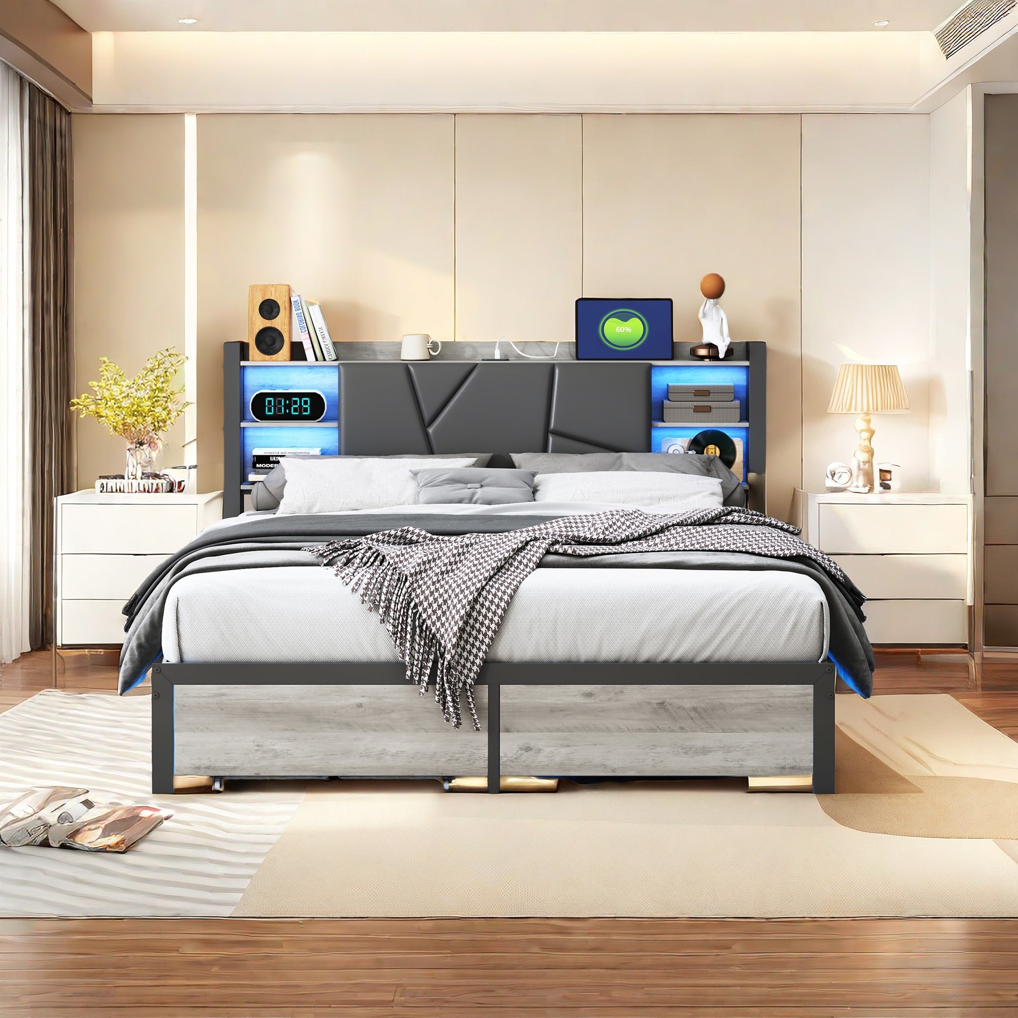 YCZ Lit double en métal 160x200 cm avec LED intégrée et port USB, tête de lit capitonnée avec rangement et 2 tiroirs intégrés, sommier à lattes, convient aux adultes (noir, 160 x 200 cm)