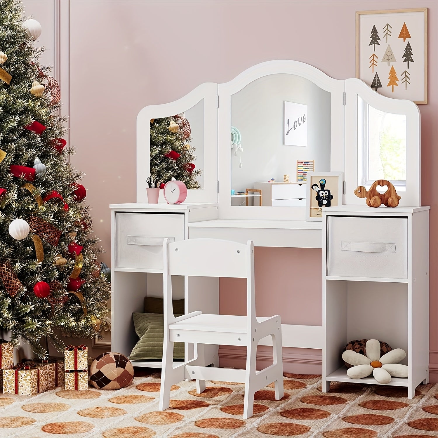 Ensemble Bureau 2 en 1, Coiffeuse avec Miroir Amovible, Table et Chaise à Espace de Rangement, 2 Tiroirs Textiles, 108x30x114 cm, Idéal pour le Bureaux, la Toilette ou l'Organisation, Espace de Toilette Personnel,Aménagement de Bureau à Domicile,Bureau d