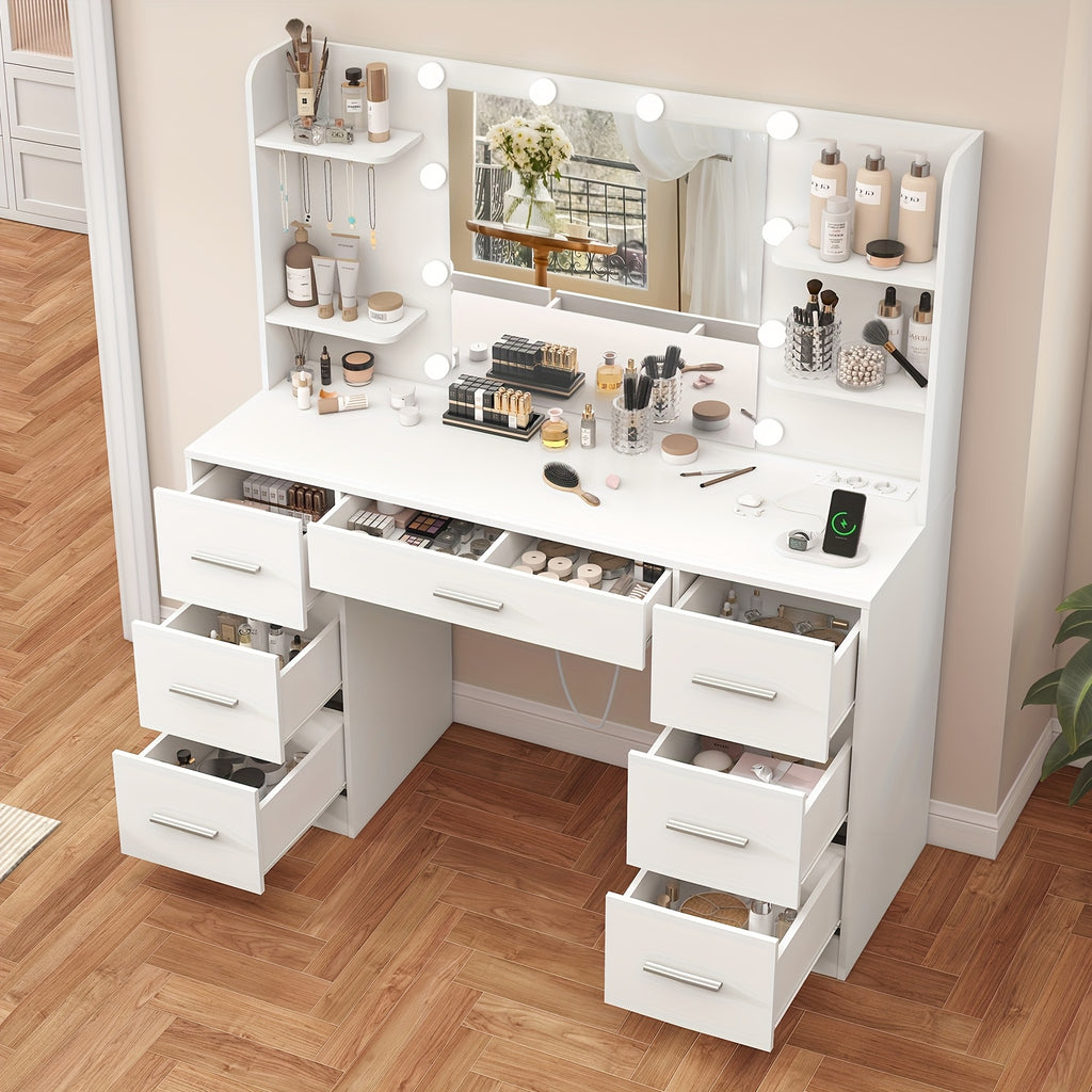 Grande coiffeuse avec miroir lumineux LED et prise électrique, table de Cosmétique avec 7 tiroirs, 4 étagères et 5 crochets, table de coiffeuse, ensemble de bureau de coiffeuse pour chambre à coucher, salle de bain
