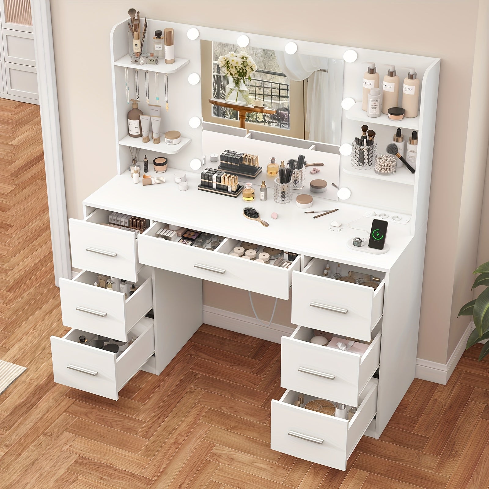 Grande coiffeuse avec miroir lumineux LED et prise électrique, table de Cosmétique avec 7 tiroirs, 4 étagères et 5 crochets, table de coiffeuse, ensemble de bureau de coiffeuse pour chambre à coucher, salle de bain