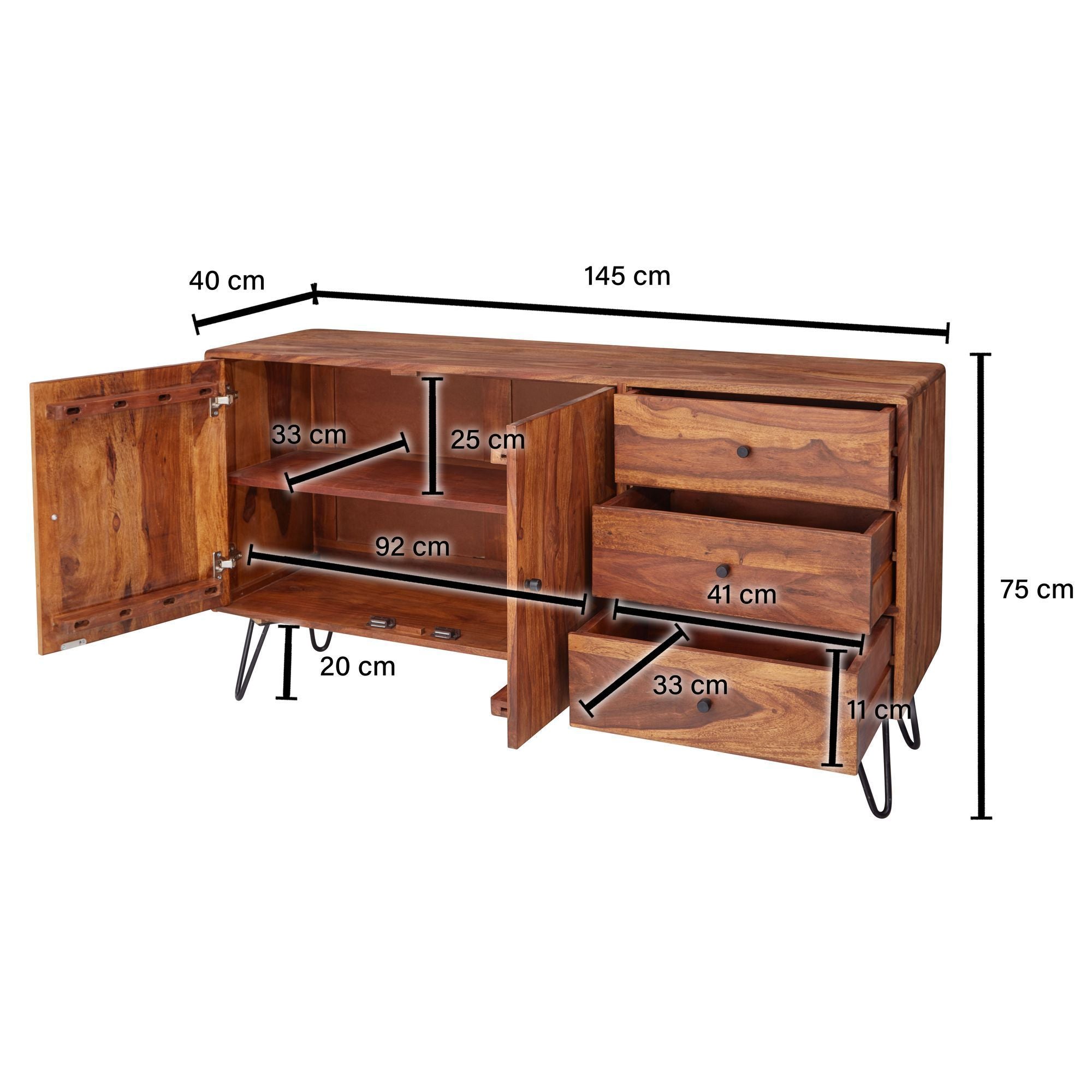 Étagère d'appoint en bois massif 145 cm Sheesham Naturel avec 2 portes et 3 tiroirs