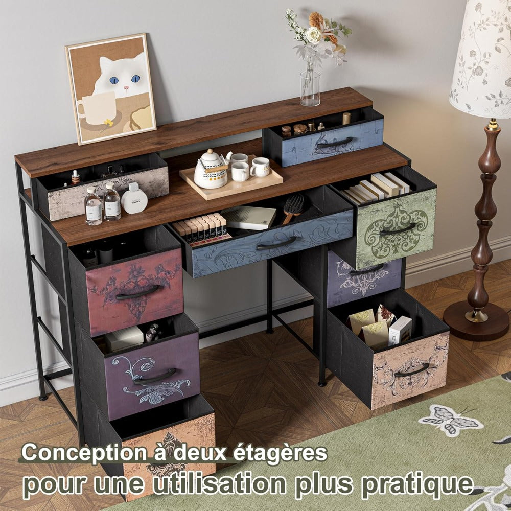 Coiffeuse pour Chambre, Commode à 9 Tiroirs, Plateau en Bois, Tiroirs en Tissu, Structure Métallique, Meuble de Rangement, Table de Maquillage avec Rangement, Tables de Maquillage pour Adultes, pour Salon, Chambre