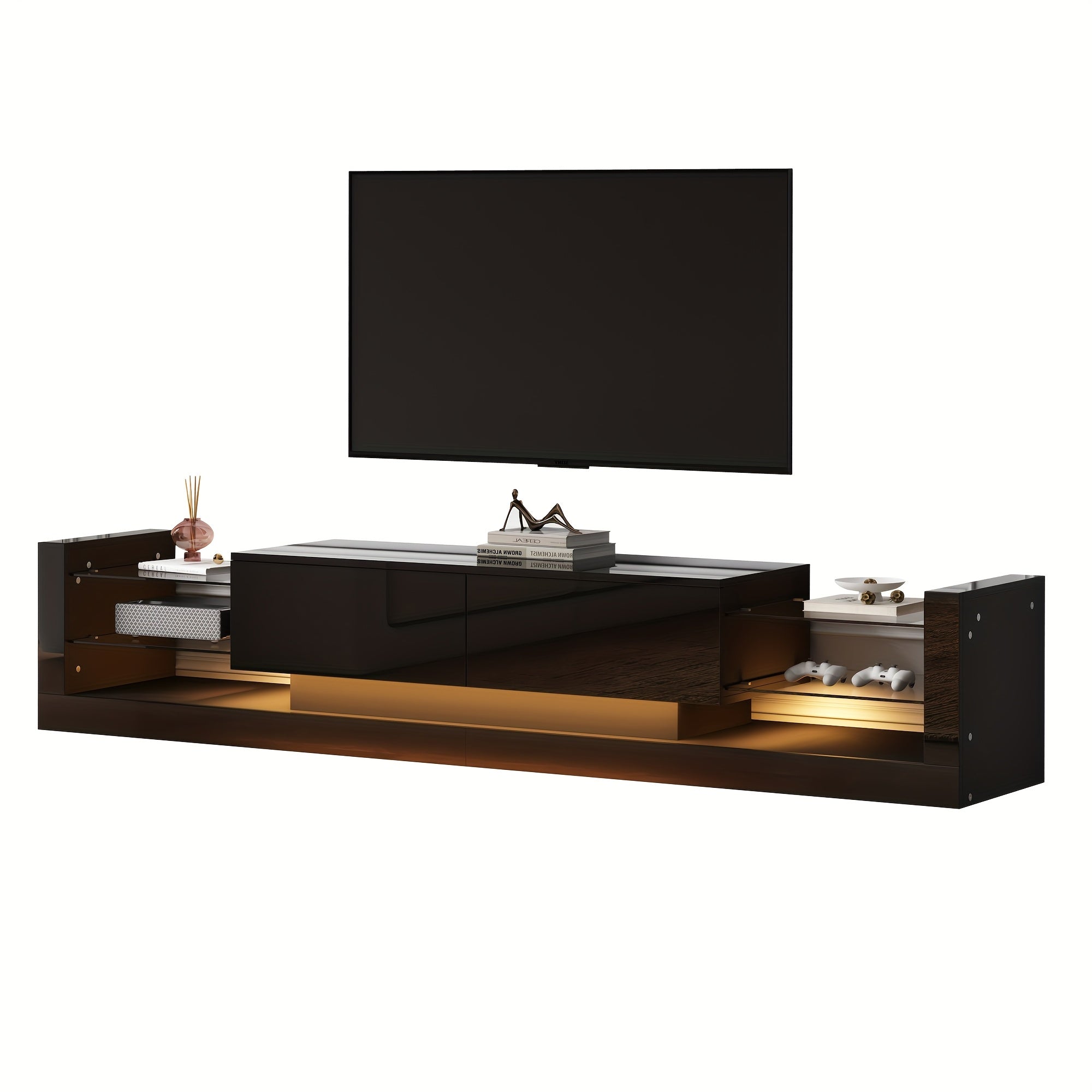 Meuble TV, 181 cm, pour téléviseurs jusqu'à 80", deux tiroirs pliants, Console Média,Centre de Divertissement,Unité de Divertissement Élégante,Conception Économiseuse d'Espace,Cadre Léger,Stockage Média,Meuble TV avec rangement,Vie en Petit Espace