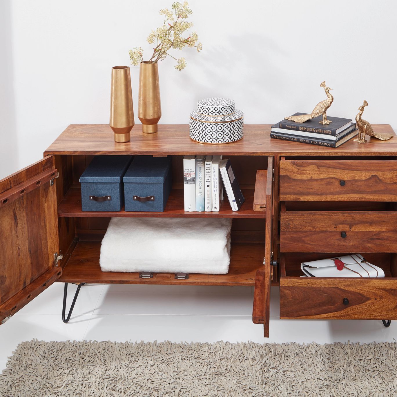 Étagère d'appoint en bois massif 145 cm Sheesham Naturel avec 2 portes et 3 tiroirs