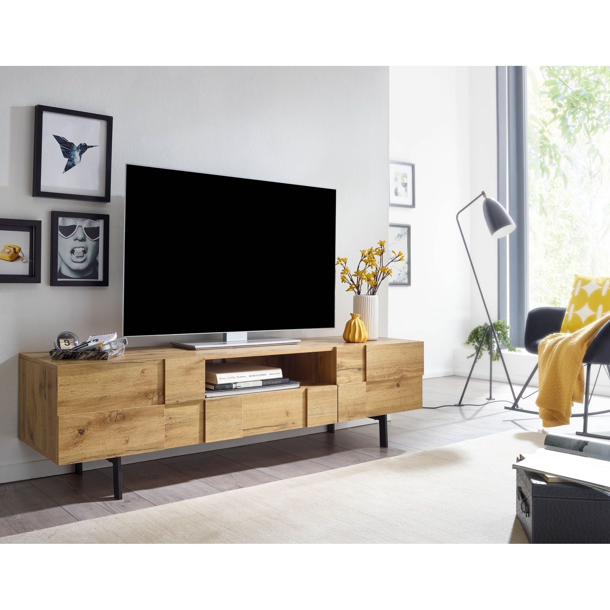 Meuble TV bas en bois chêne décoratif 160X46X43 cm avec deux portes, Meuble TV haut, Table TV moderne pour salon