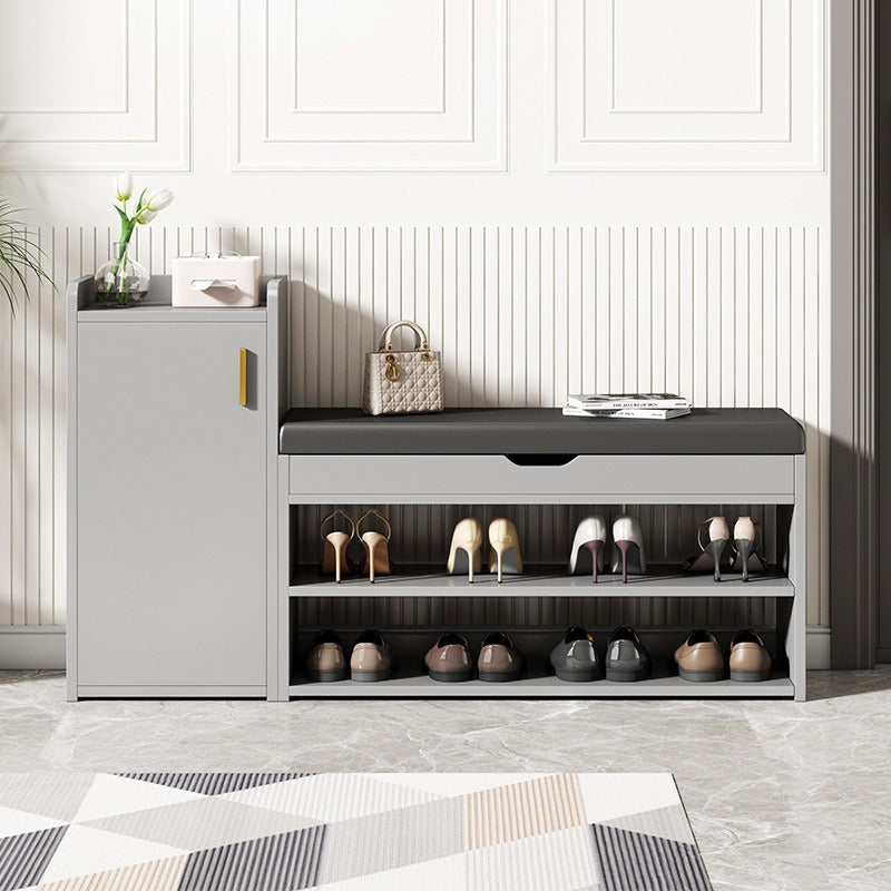 Banc à chaussures minimaliste moderne avec armoire à chaussures intégrée - Organisateur de rangement en bois à 3 niveaux, rembourrage en polyester durable, conception peu encombrante pour l'entrée, le salon, la chambre à coucher - Contient 68,58 cm, banc