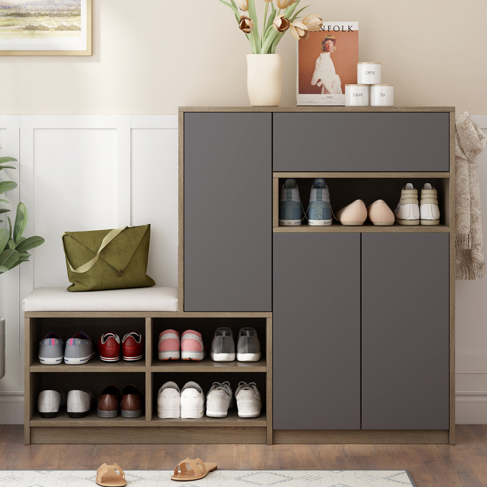 Armoire à chaussures moderne pour couloir, armoire à chaussures en bois élégante, largeur 140 / profondeur 35 / hauteur 110 cm, armoire de rangement pour couloir, étagère à chaussures multifonctionnelle, étagère de rangement pour chaussures grise, armoir