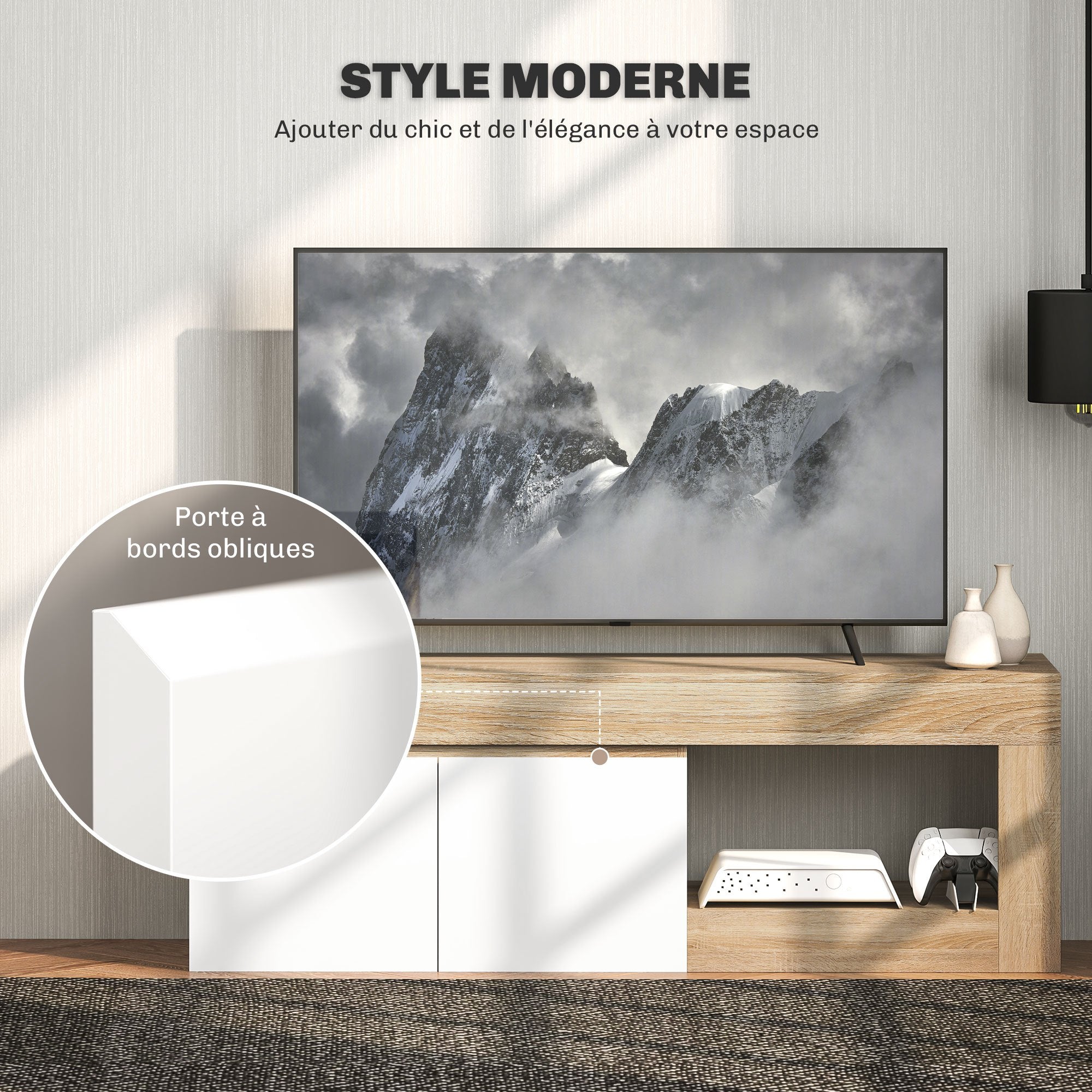 HOMCOM Meuble TV meuble télé bois banc TV pour téléviseur jusqu' à 60 pouces avec placard à 2 portes et compartiment ouvert pour salon chambre à coucher, 140 x 40 x 48 cm, effet bois naturel