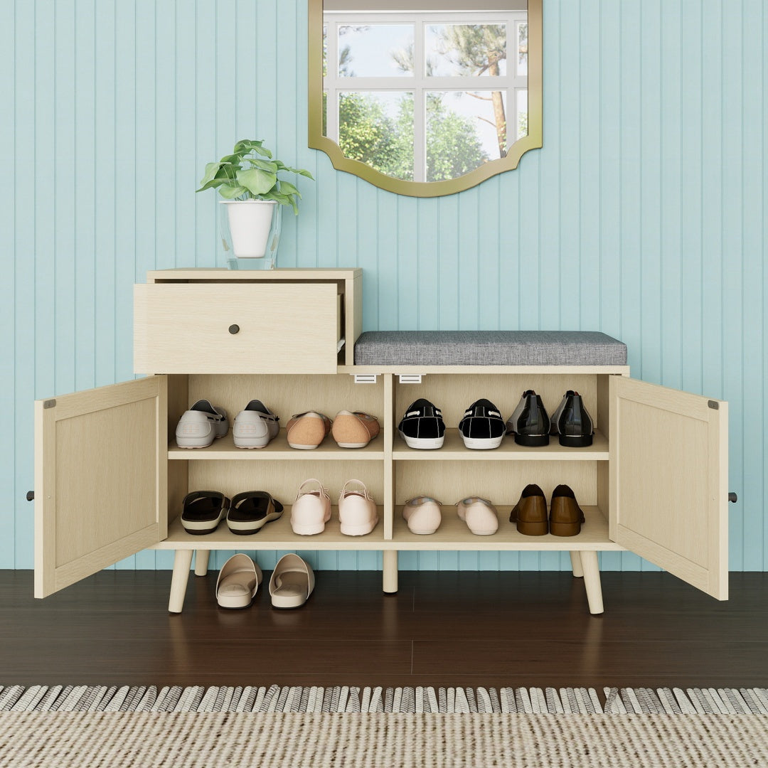 Banquette à Chaussures avec Siège et Rangement, Étagère à Chaussures Rembourrée, 2 Portes en Rotin et 1 Tiroir, pour Salon ou Couloir, 90 x 35 x 65 cm, Naturel