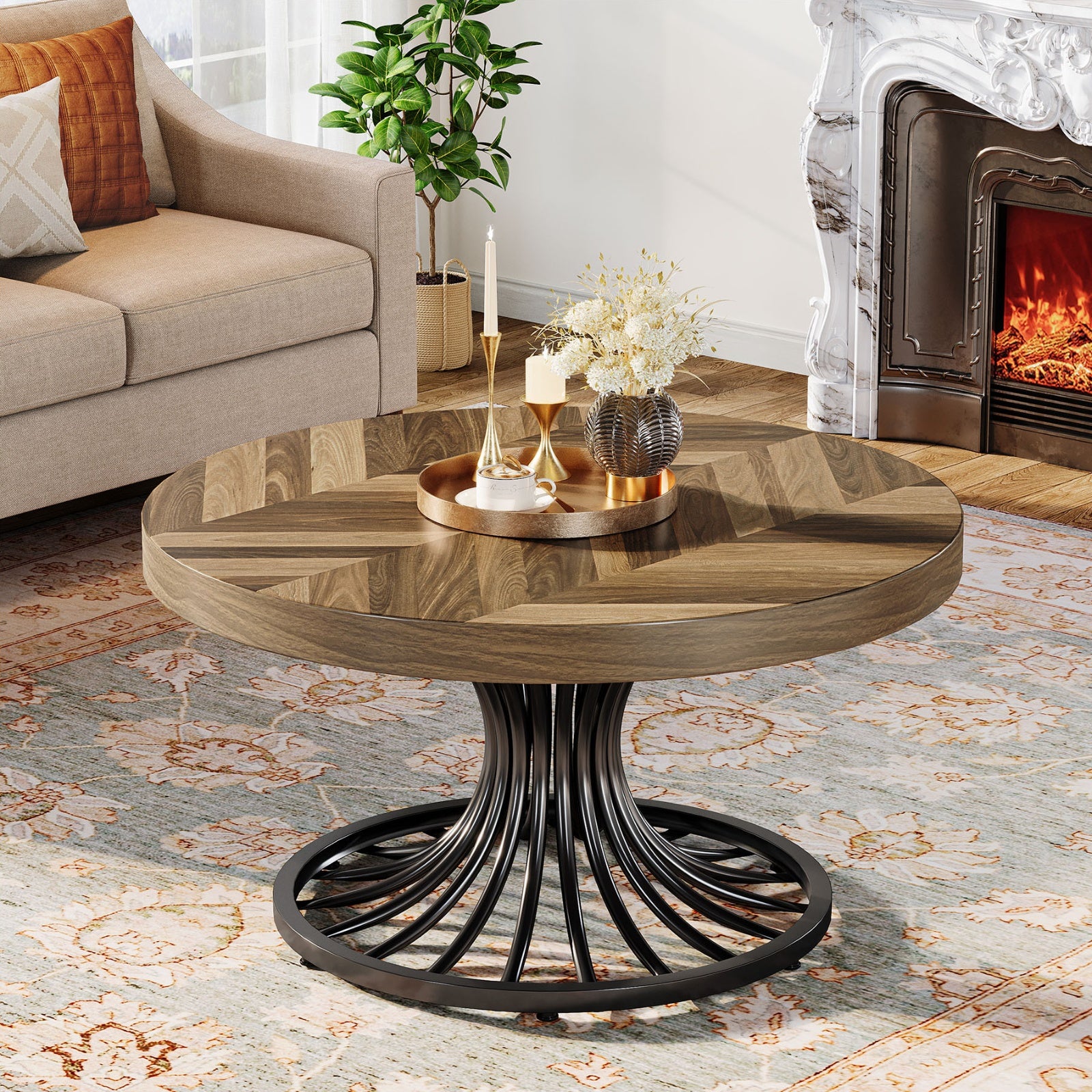 Table basse ronde de 80,01 cm avec pied métallique élégant - Table centrale en bois industriel avec accent en bois pour les petits espaces, le bureau à domicile, brun rustique et noir, conception peu encombrante, dessus en bois de construction, assemblag