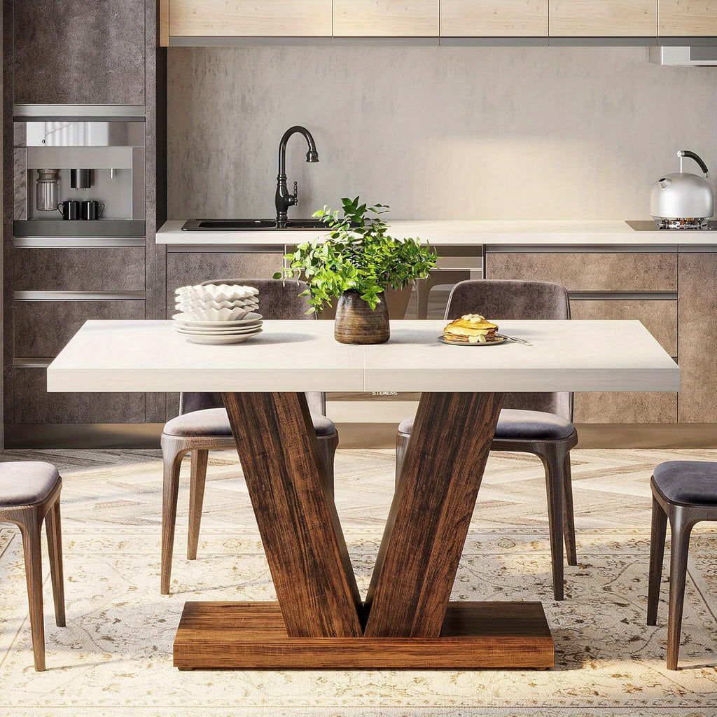 Table à Manger de 47 Pouces pour 4 Personnes - Table Blanche avec Base en Piédestal Robuste, Style Ferme Boisée Pour Salle À Manger ou Cuisine Finition Espacement Noir et Marron, Table à Manger, Grande Table à Manger, Table de Salle à Manger