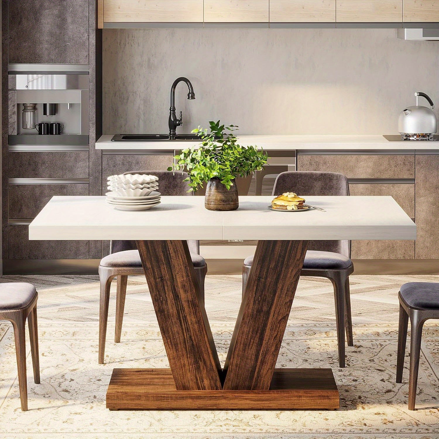 Table à Manger de 47 Pouces pour 4 Personnes - Table Blanche avec Base en Piédestal Robuste, Style Ferme Boisée Pour Salle À Manger ou Cuisine Finition Espacement Noir et Marron, Table à Manger, Grande Table à Manger, Table de Salle à Manger