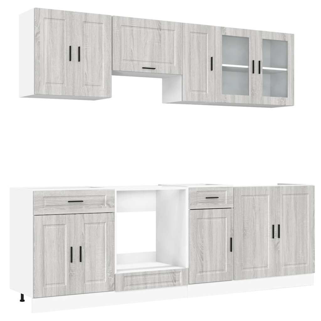 Ensemble de 8 pièces d'armoires de cuisine Kalmar Grey Sonoma en bois | Unité de cuisine moderne avec armoires et tiroirs | Faces brillantes | Ensemble de meubles de cuisine pour salon et cuisine | Solution de rangement pratique | Livraison rapide