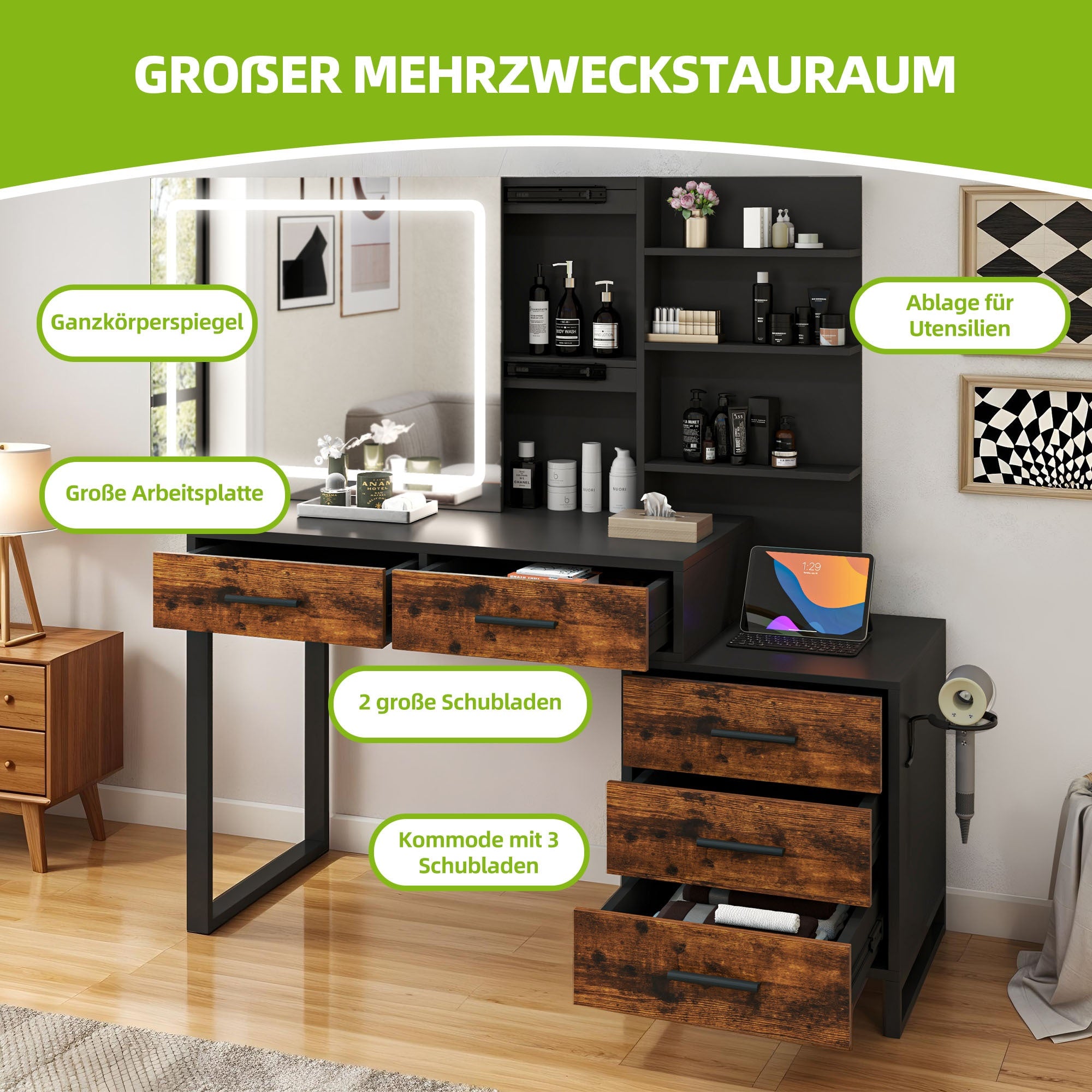 Coiffeuse Moderne avec Miroir LED - Table de Maquillage à 5 Tiroirs et Prise Électrique, Conception en Bois Massif (Brun Foncé/Noir) pour Chambre ou Salon - Surface Durable, Assemblage Facile, Intégration d'Électricité, Grain de Bois Élégant