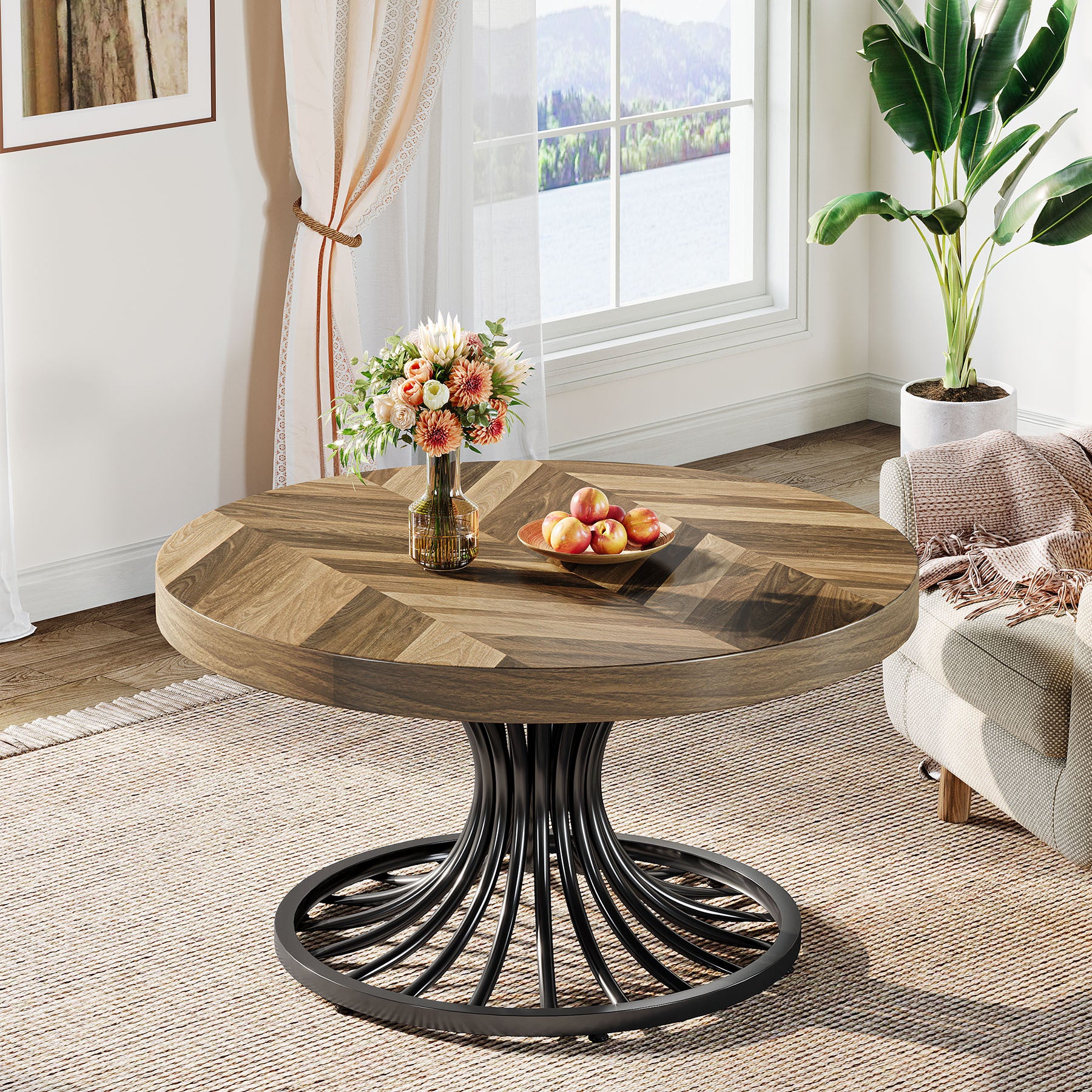 Table basse ronde de 80,01 cm avec pied métallique élégant - Table centrale en bois industriel avec accent en bois pour les petits espaces, le bureau à domicile, brun rustique et noir, conception peu encombrante, dessus en bois de construction, assemblag