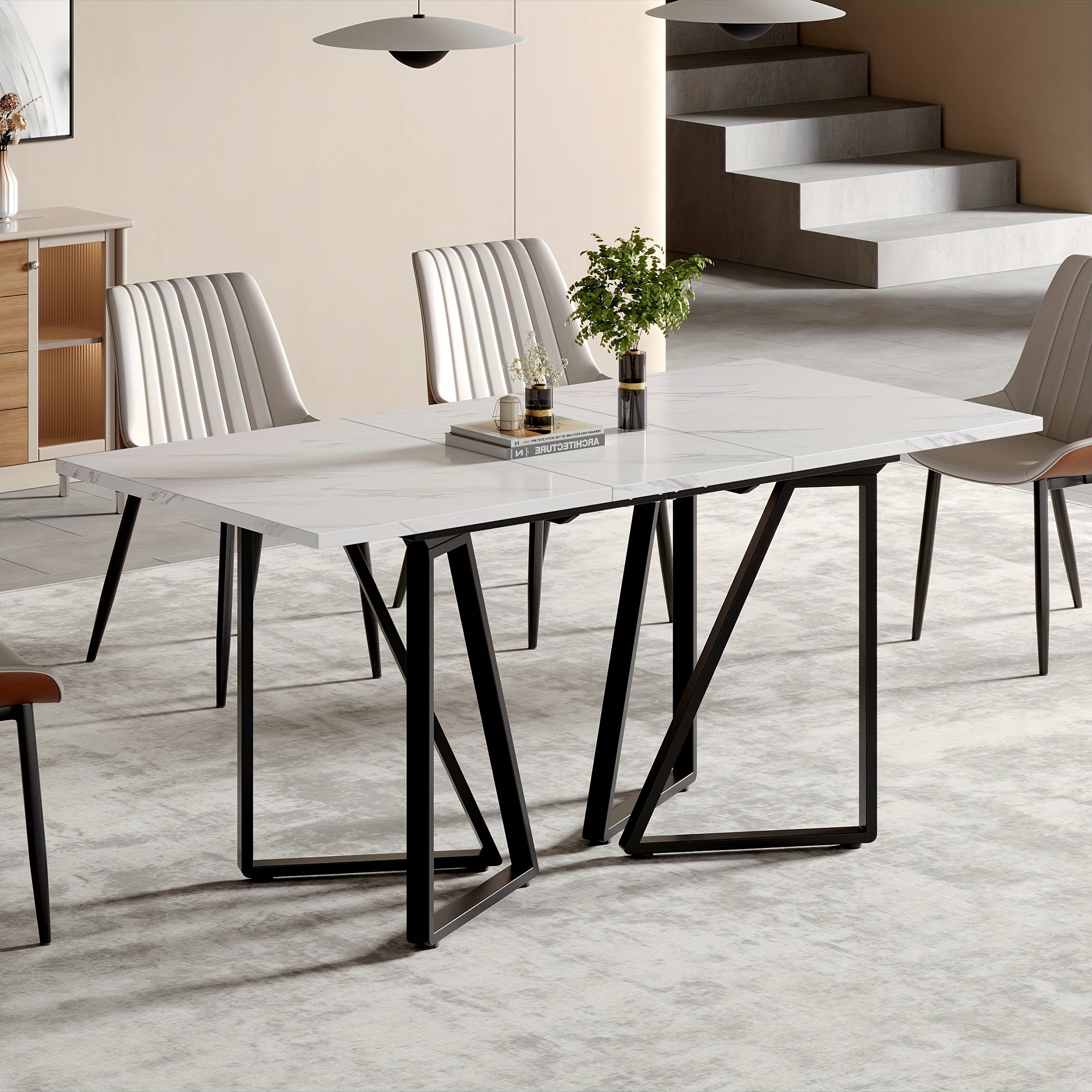 Table à Manger Extensible Moderne avec Repose-Pieds Réglable et Plateau en Bois Marbré Blanc - Table de Cuisine Étendable pour 4-6 Personnes, Pieds Métalliques Dorés/Noirs, Montage Facile pour Salle à Manger & Cuisine, Design Contemporain, Finition Haut