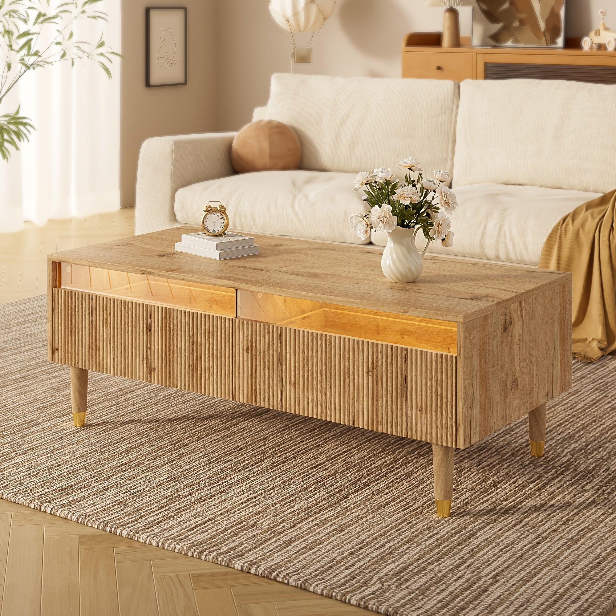 Table Basse Moderne & Table d'Appoint avec Plateau à Tiroir Ondulé, Deux Tiroirs de Rangement - Meuble Dorure Vertuâtre, Assemblage Facile Portes Minimalistes Style Couvercle pour Petits Espaces, Finition Bois (Non), Moderne du Milieu de Siècle, Étagère