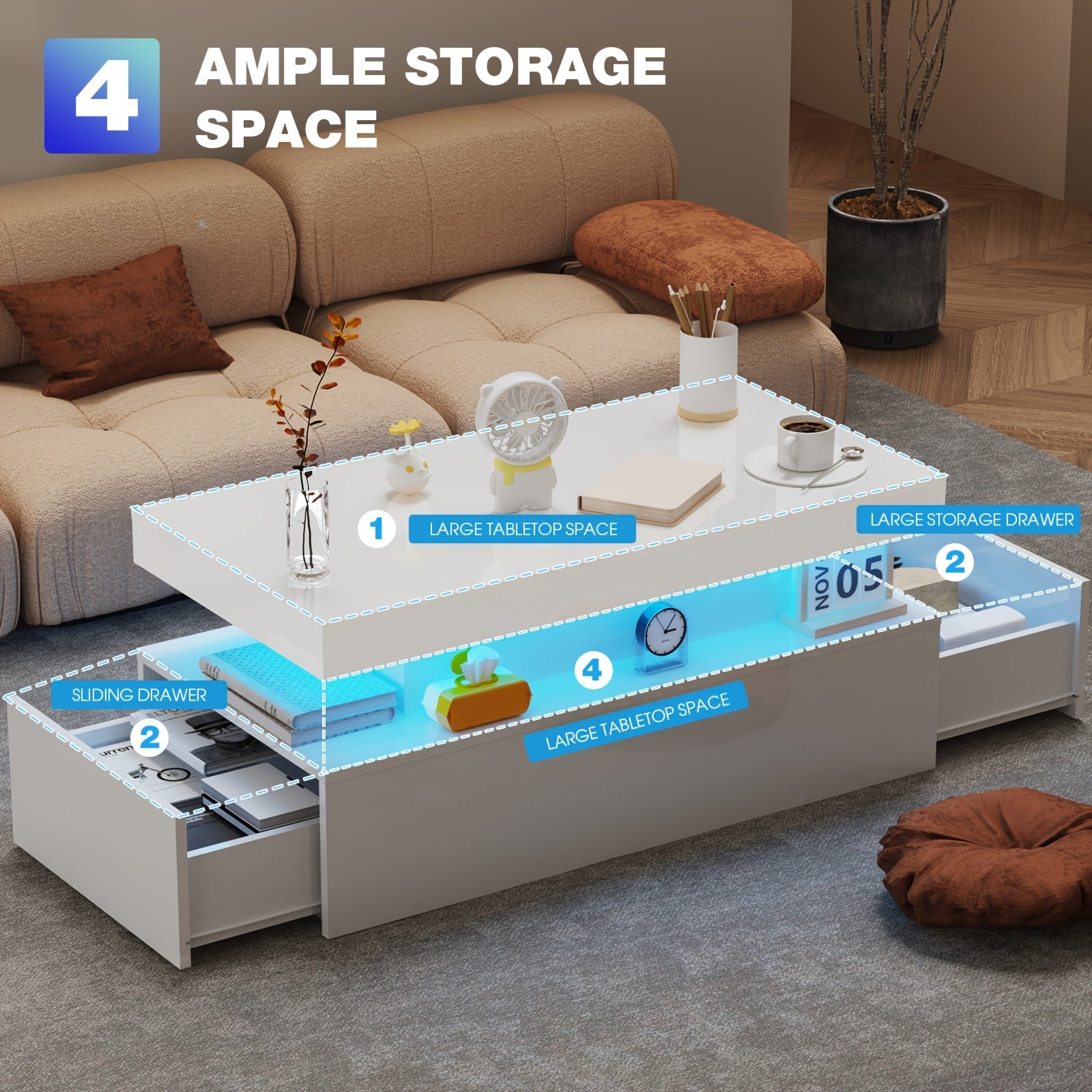 Table basse de style moderne flottante blanche avec bande lumineuse LED intégrée, design de dessus brillant, adaptée au salon et à l'espace domestique.