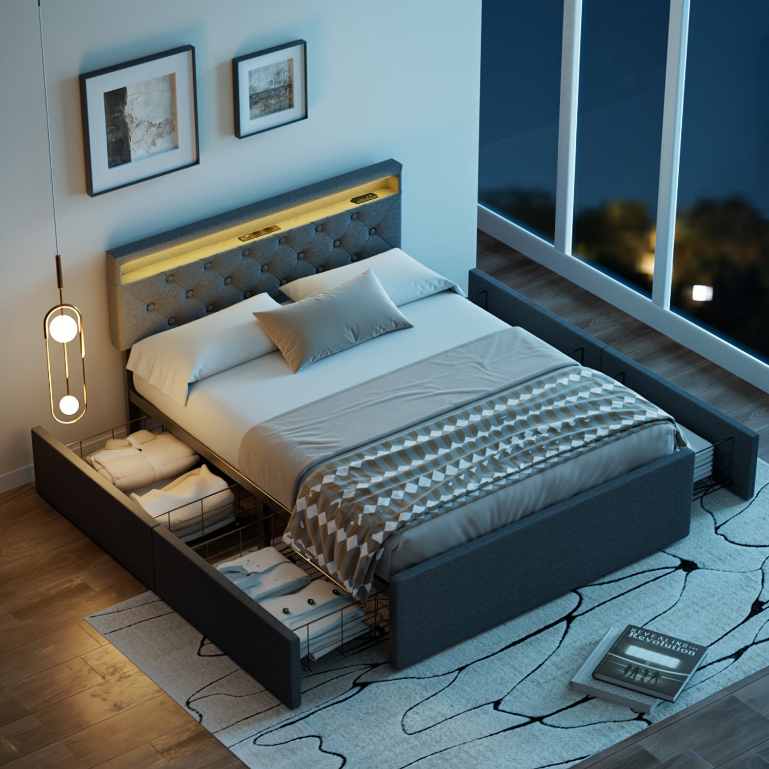 Lit Multifonctionnel Rembourré Souple 137×190cm | Tête de Lit avec Étagère de Rangement + Haut-parleurs Intégrés + Bande Lumineuse Ambiante | Design à Quatre Tiroirs Double Face | Cadre de Plateforme en Tissu Moderne, Grand Lit Douilleux pour King Size,