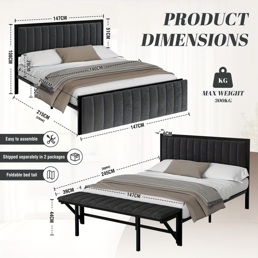 Lit double rembourré 140x200cm/160x200cm avec banc d'extrémité pliable, lit multifonctionnel fabriqué avec un cadre en acier avec espace de rangement et de bonnes options d'organisation, dossier en velours doux, adapté à divers groupes cibles, idéal pour