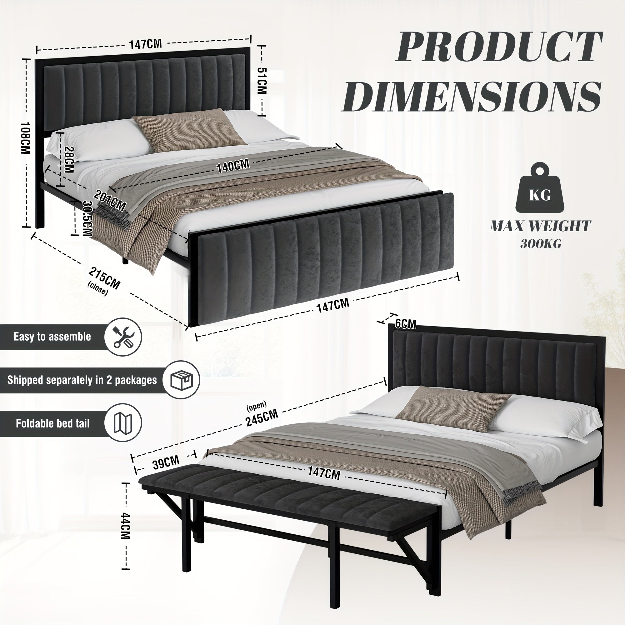 Lit double rembourré 140x200cm/160x200cm avec banc d'extrémité pliable, lit multifonctionnel fabriqué avec un cadre en acier avec espace de rangement et de bonnes options d'organisation, dossier en velours doux, adapté à divers groupes cibles, idéal pour