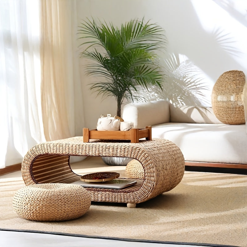 Table basse japonaise élégante en tatami - Herbe kangji tissée à la main avec cadre en bois, design de baie compacte pour salon ou balcon, petite table basse