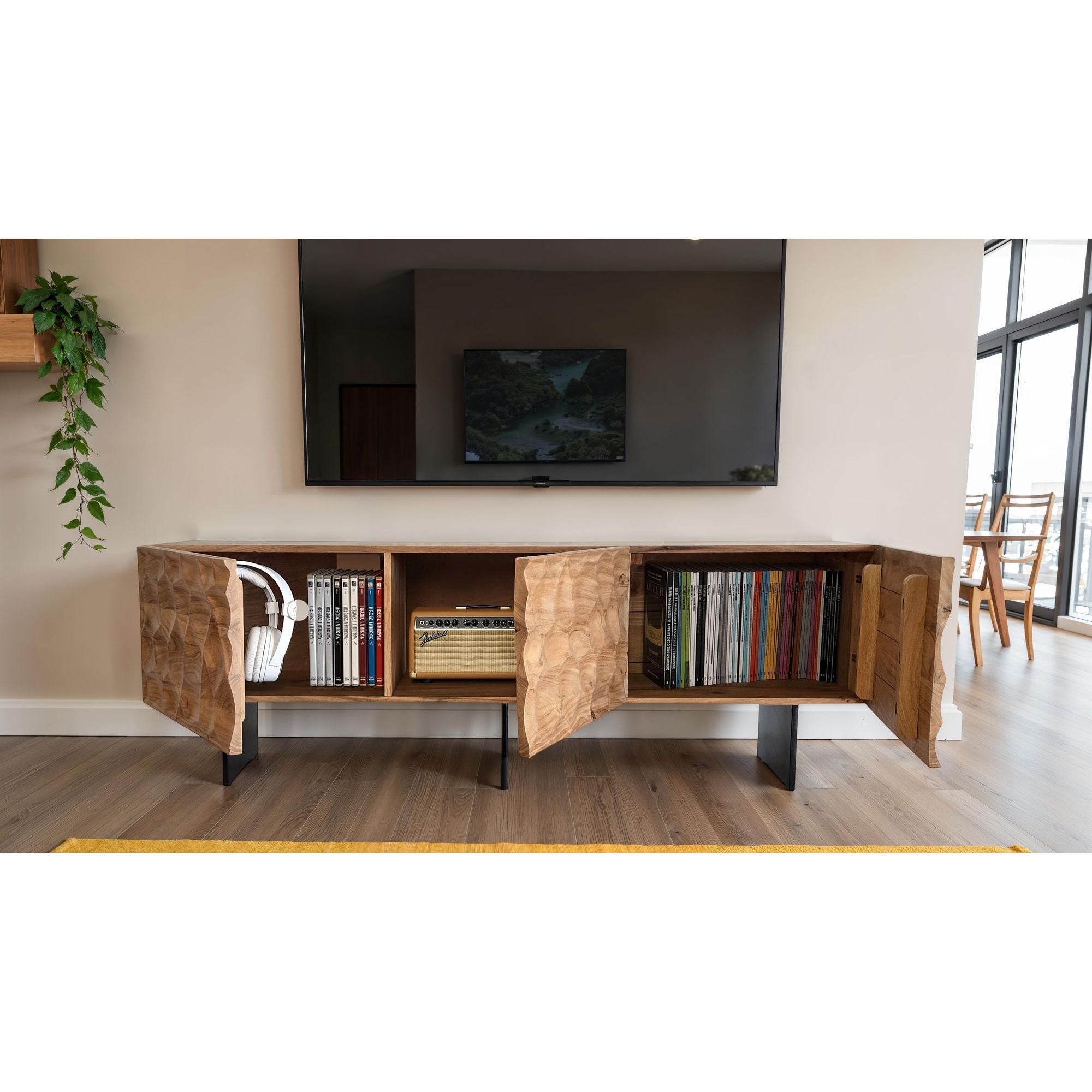 Meuble TV en Acacia Massif 160x56x37 cm avec Trois Portes, Design Optique 3D, Table TV Moderne avec Pieds Métalliques, Console TV pour Salon