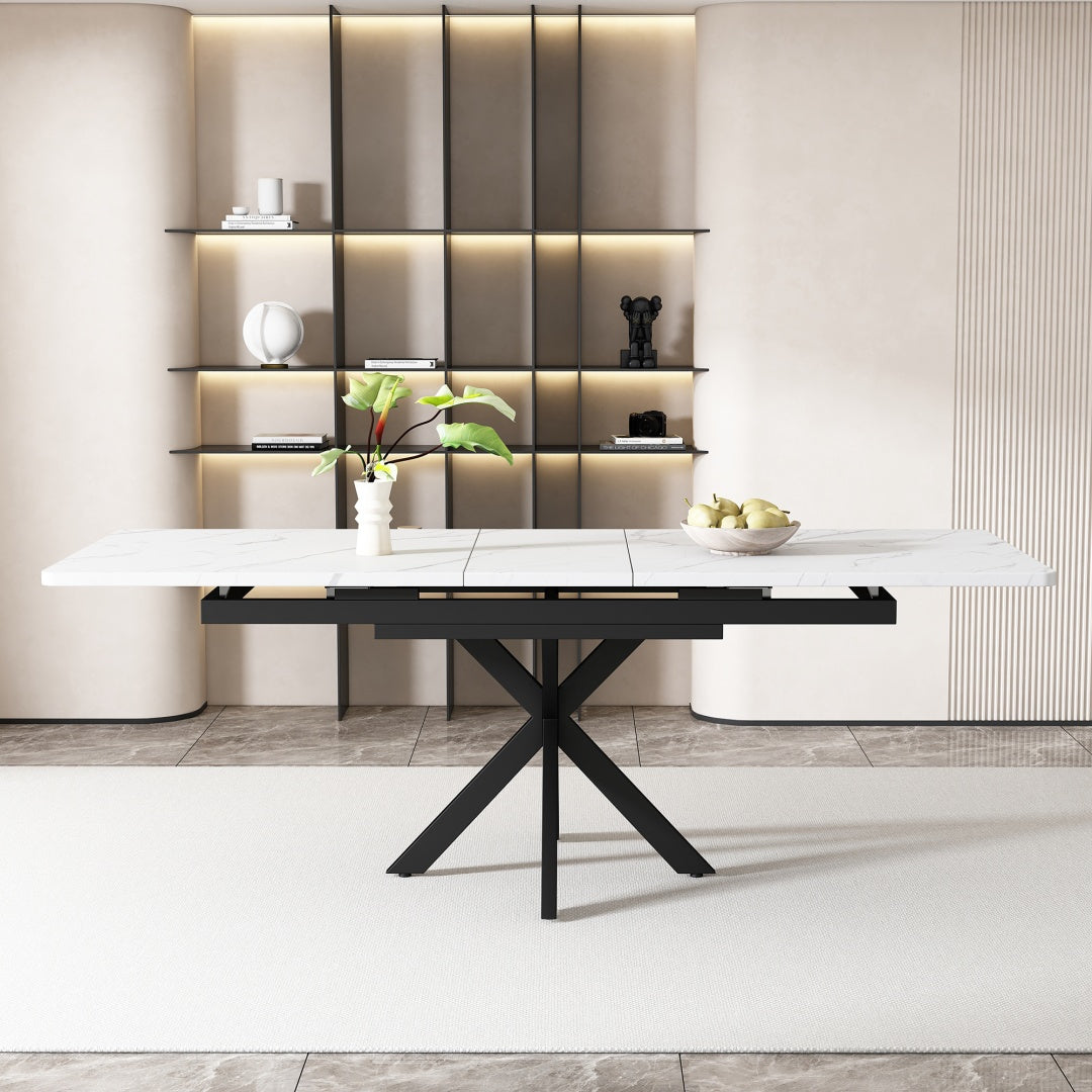 Table à manger extensible, table à manger extensible automatique, table à manger rectangulaire, table de salon, L150/180 X W70 X H76 Cm, conception croisée, structure en marbre, noir et blanc.