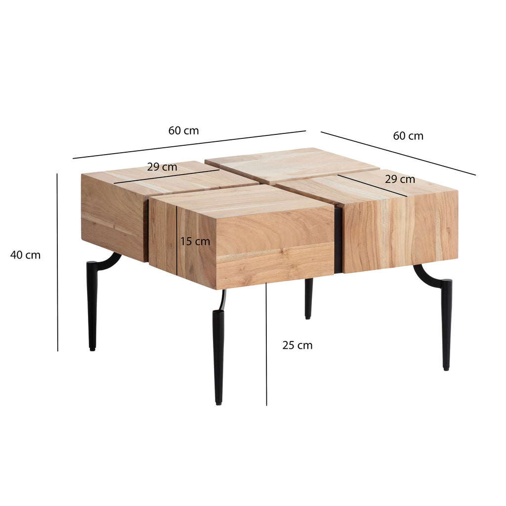 Table Basse en Bois Massif 60x60x40 cm Carrée avec Cadre Métallique, Petite Table d'Appoint en Forme de Cube, Table Moderne pour Salon, Table Basse Cube