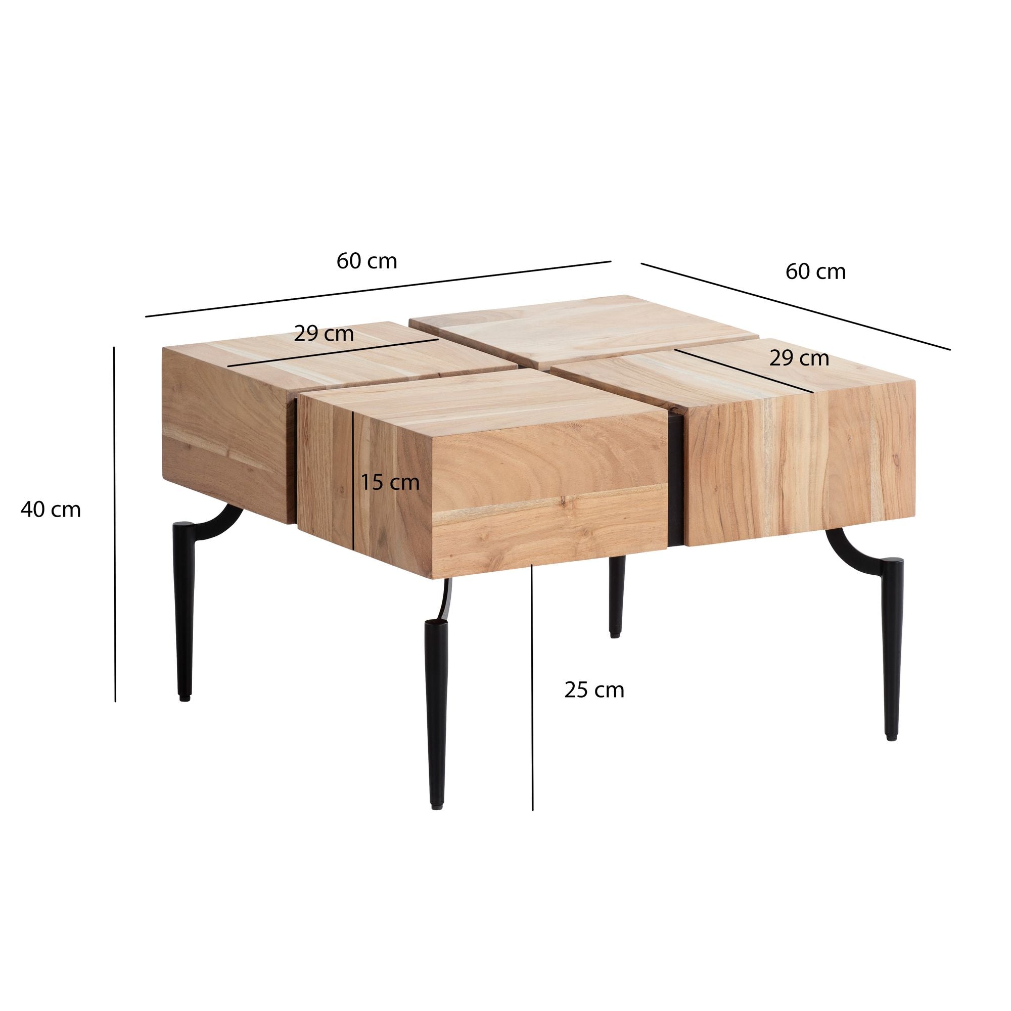 Table Basse en Bois Massif 60x60x40 cm Carrée avec Cadre Métallique, Petite Table d'Appoint en Forme de Cube, Table Moderne pour Salon, Table Basse Cube