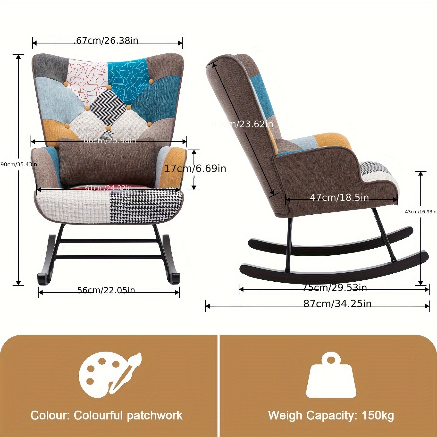 Fauteuil à Bascule Patchwork avec Cadre Métallique et Base en Bois, Chaise Balançoire Fauteuil de Détente Vintage pour Salon ou Bureau Réception Scandinave Marron, Meubles pour la Maison,Mobilier de Salon, Sièges de Salon pour la Maison,Fauteuil de Lectu