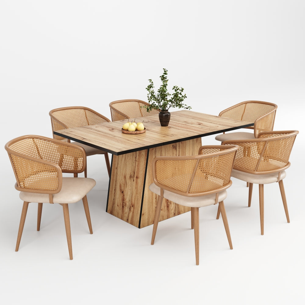Creative Simple Dining Table And Chair Set (7pcs), Wood Grain Dining Table And Chair Set, Restaurant Dining Table And Chair Set, Conference Room Table And Chair Set, Negotiation Table And Chair Set, Unique Design, with 6 Rattan Back Chairs, PU Leather Wr