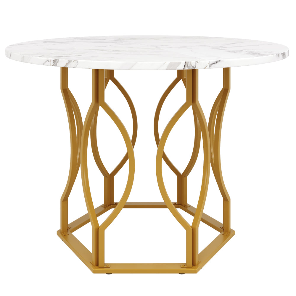 Ensemble de table et chaises de 5 pièces, 1 table ronde avec 4 chaises, table de salle à manger, table de cuisine ronde de 100 cm de diamètre avec pieds en métal doré, plateau en MDF blanc, chaises en velours vert foncé, table de négociation et chaises,