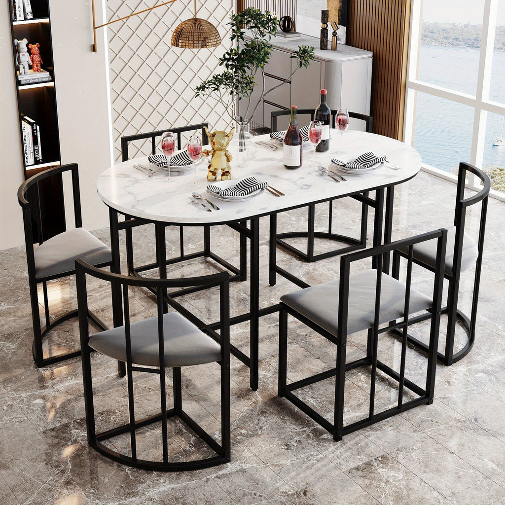 Ensemble de table à manger, six chaises : table blanche avec dossiers et coussins gris sur cadre en fer noir, ensemble moderne pour salle à manger